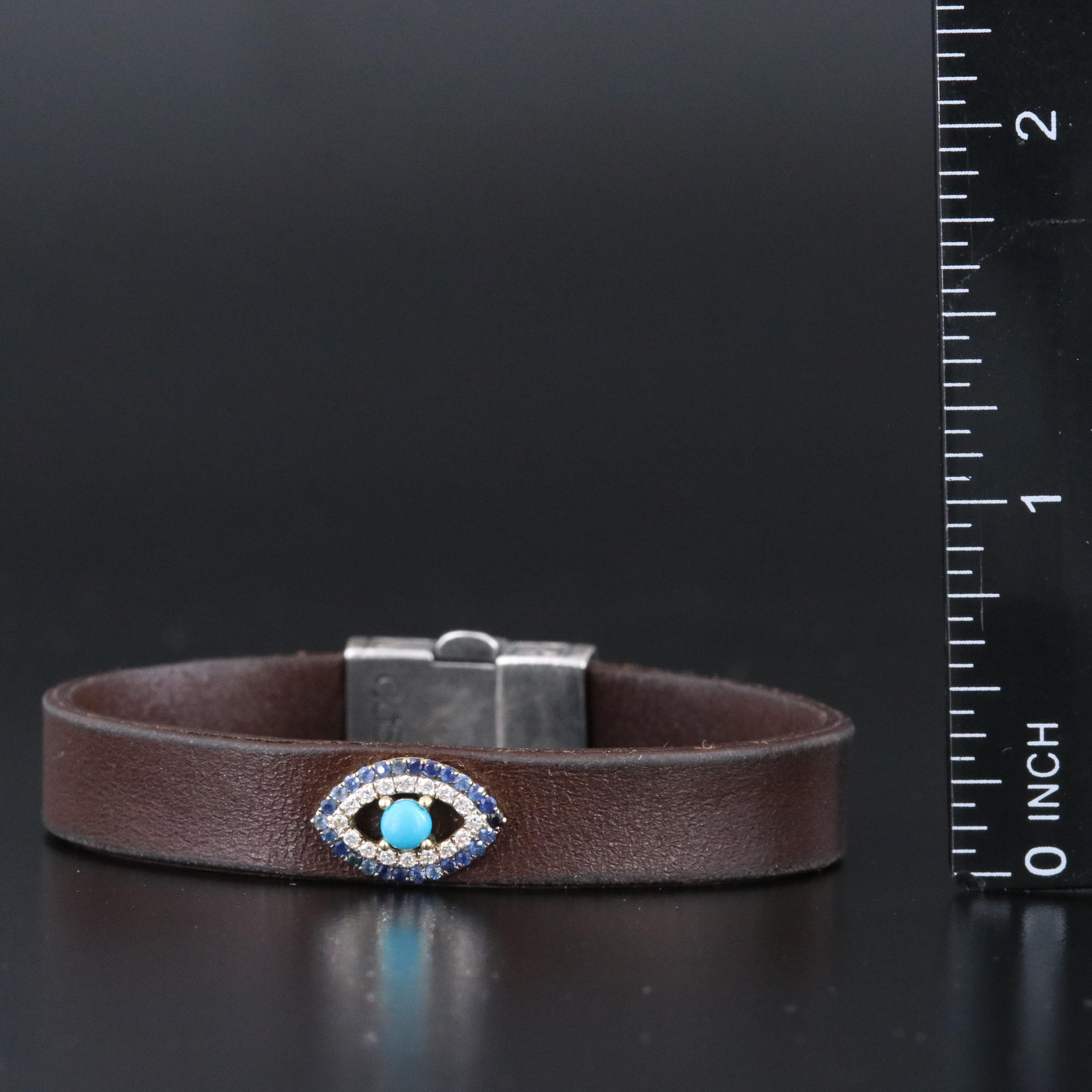 Gasia Sterling and 10K Magnesite, Sapphire and Diamond Evil Eye Leather Bracelet