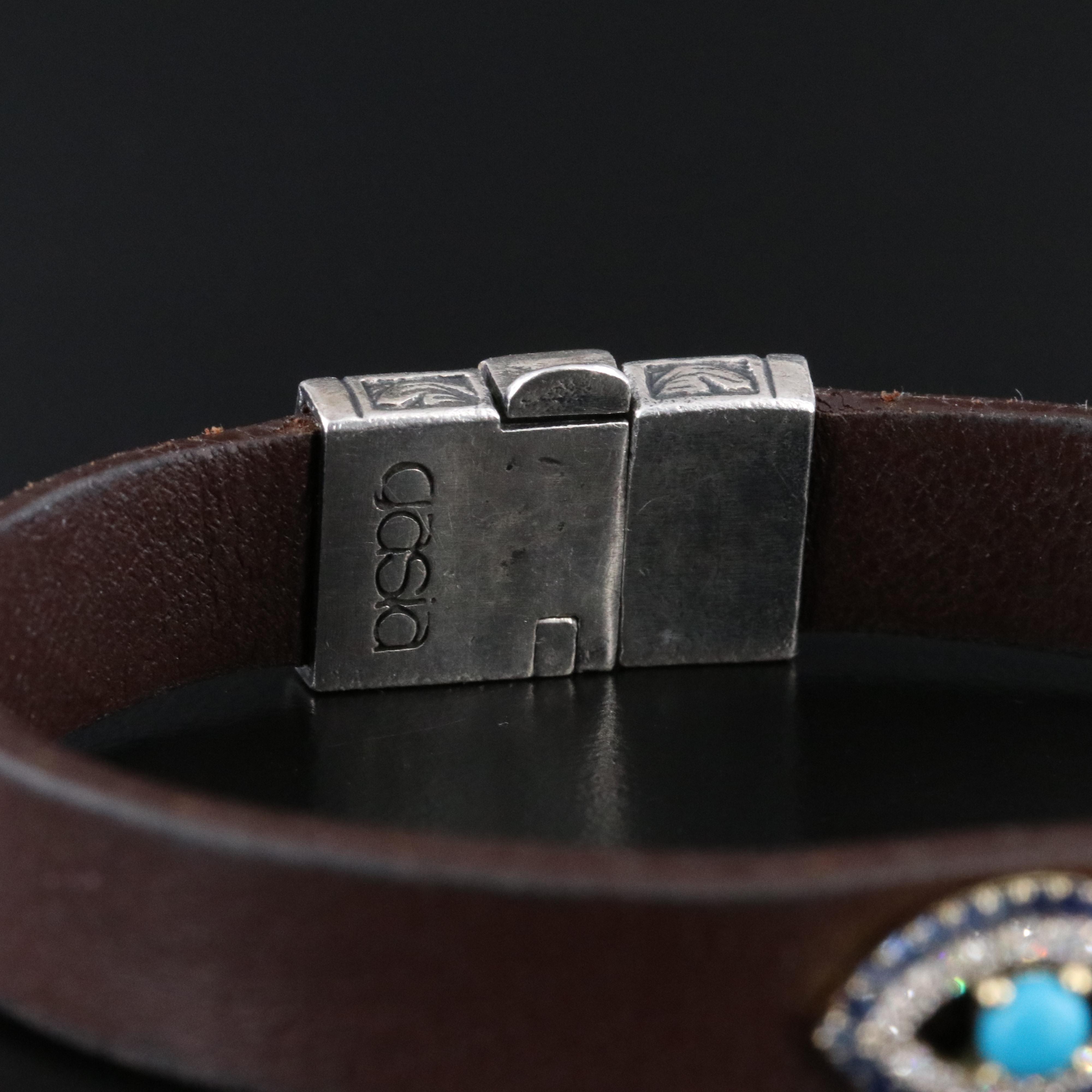 Gasia Sterling and 10K Magnesite, Sapphire and Diamond Evil Eye Leather Bracelet