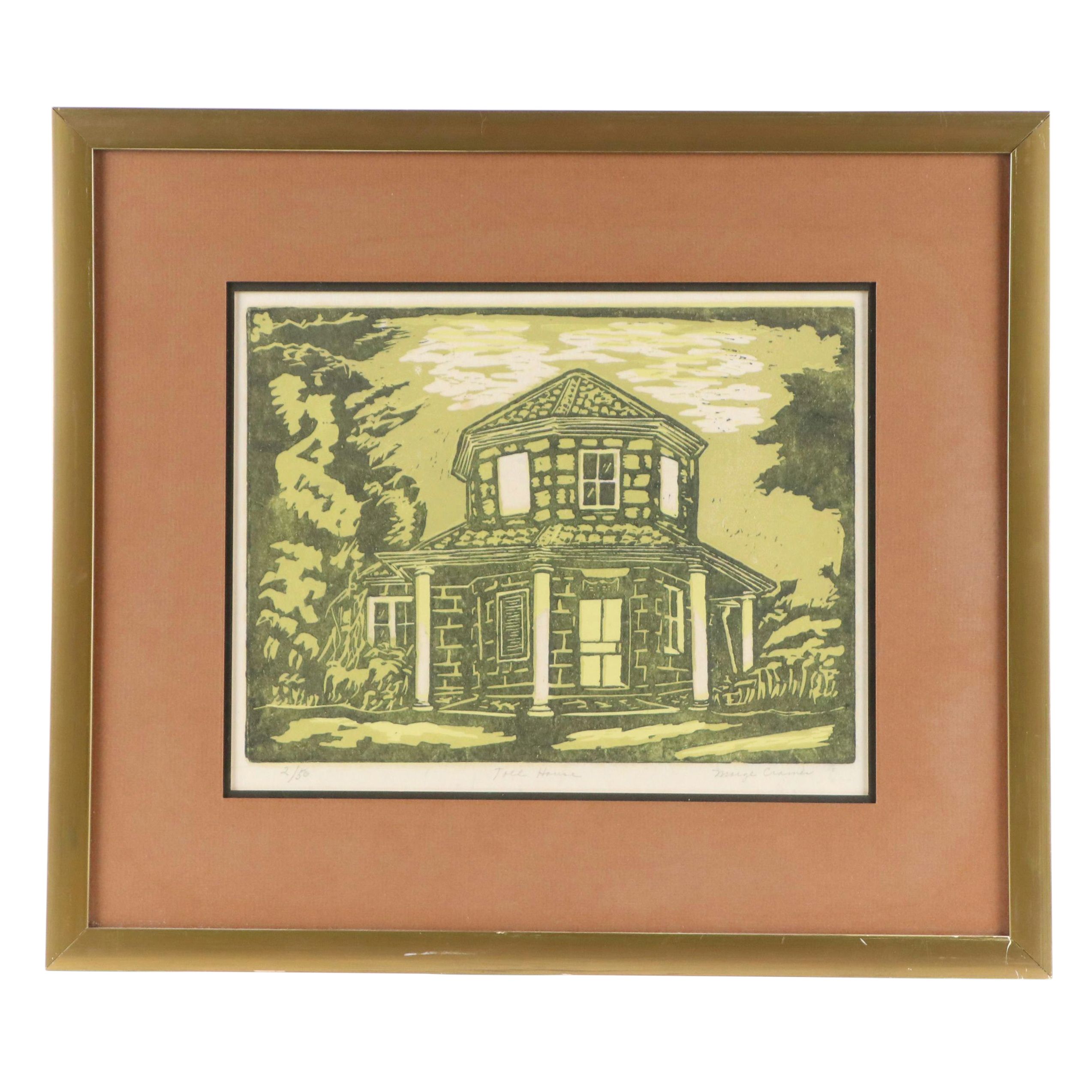 Marge Cramer Linocut "Toll House," Late 20th Century