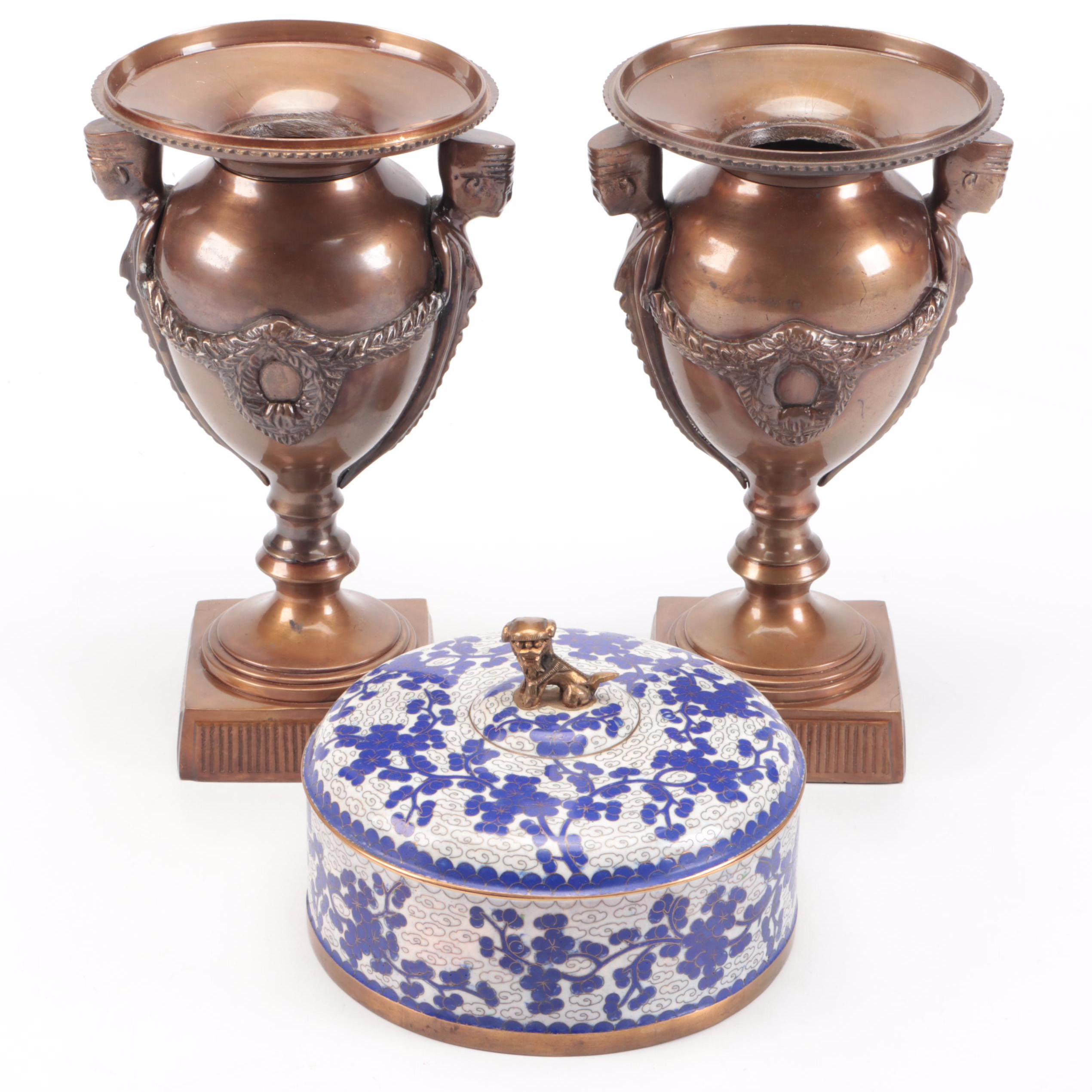 Chinese Cloisonné Lidded Box with Guardian Lion Handle and Metal Urns