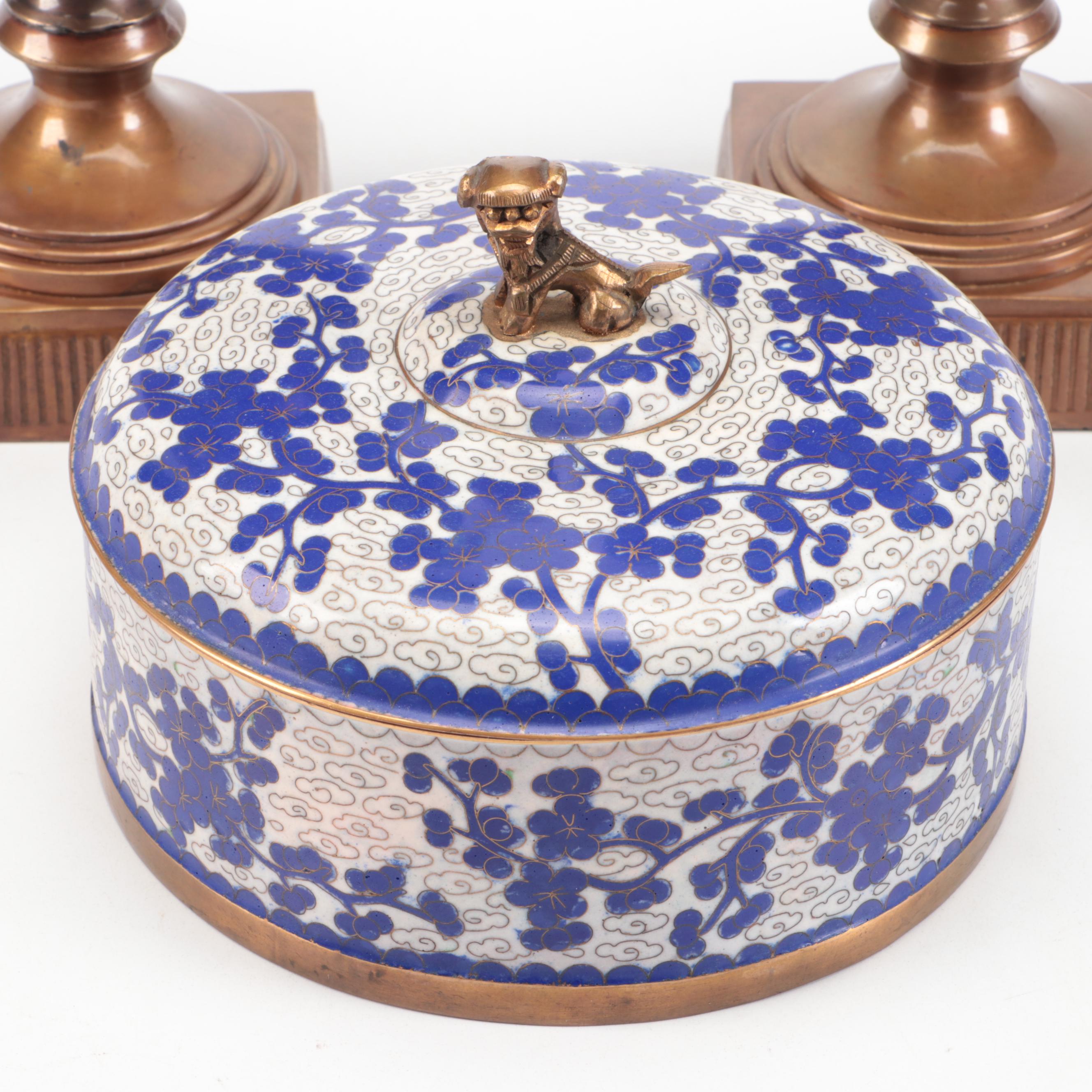 Chinese Cloisonné Lidded Box with Guardian Lion Handle and Metal Urns