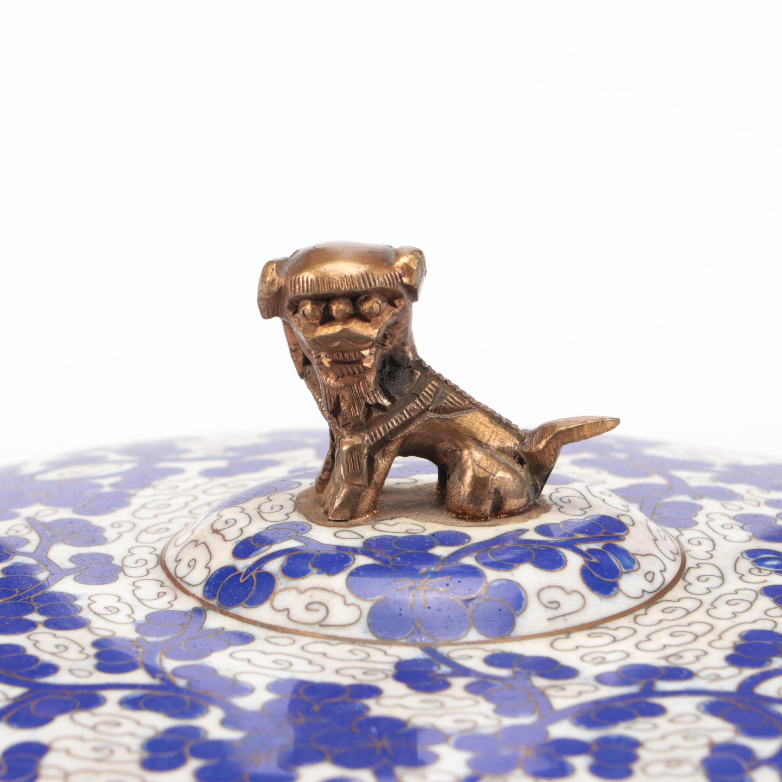 Chinese Cloisonné Lidded Box with Guardian Lion Handle and Metal Urns