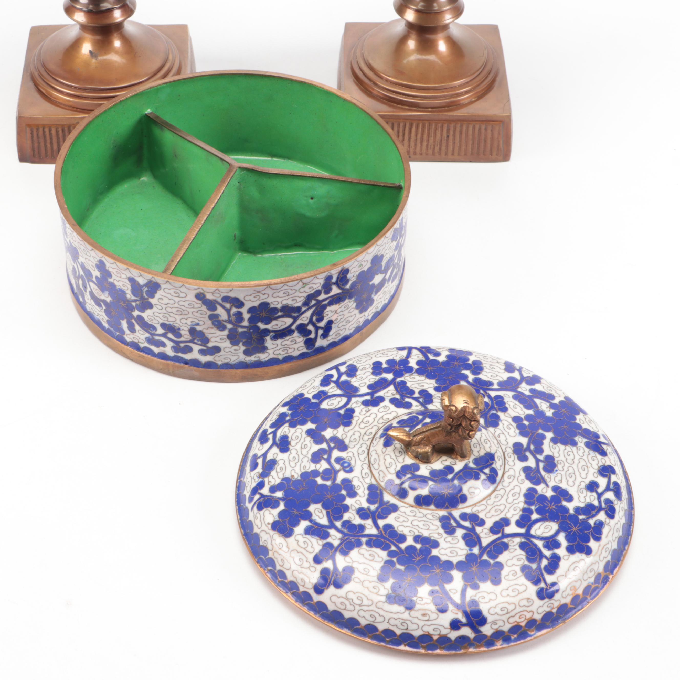 Chinese Cloisonné Lidded Box with Guardian Lion Handle and Metal Urns