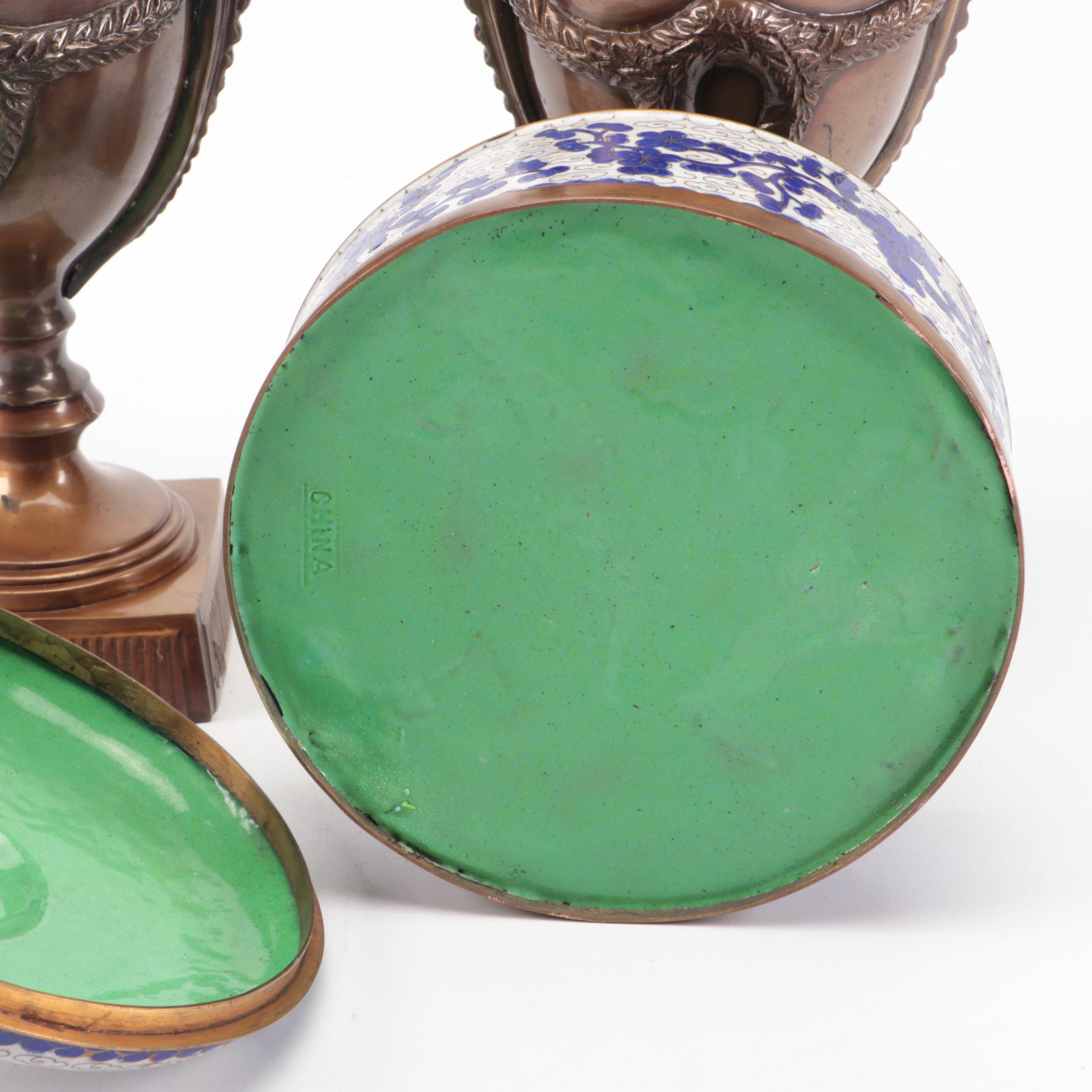 Chinese Cloisonné Lidded Box with Guardian Lion Handle and Metal Urns