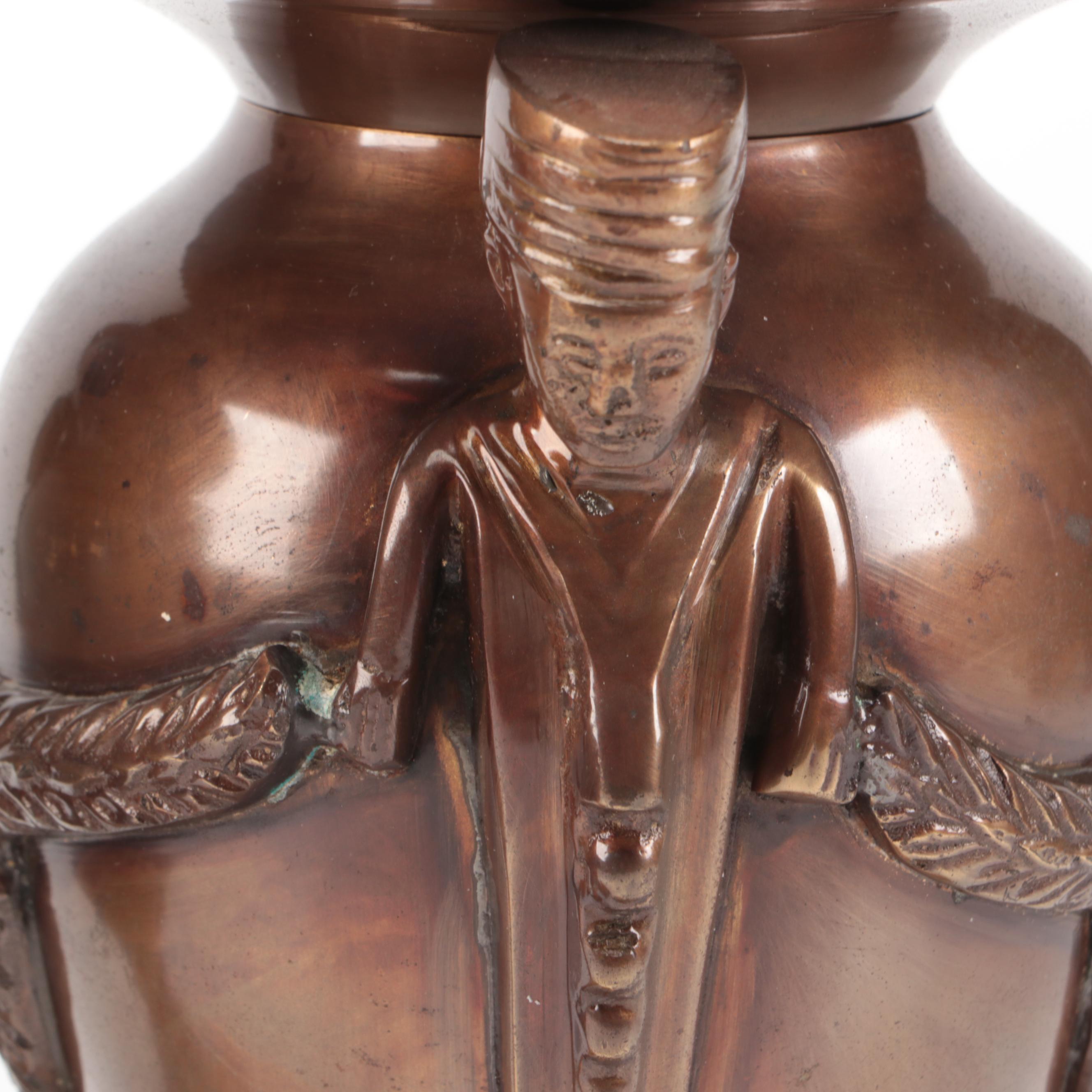 Chinese Cloisonné Lidded Box with Guardian Lion Handle and Metal Urns