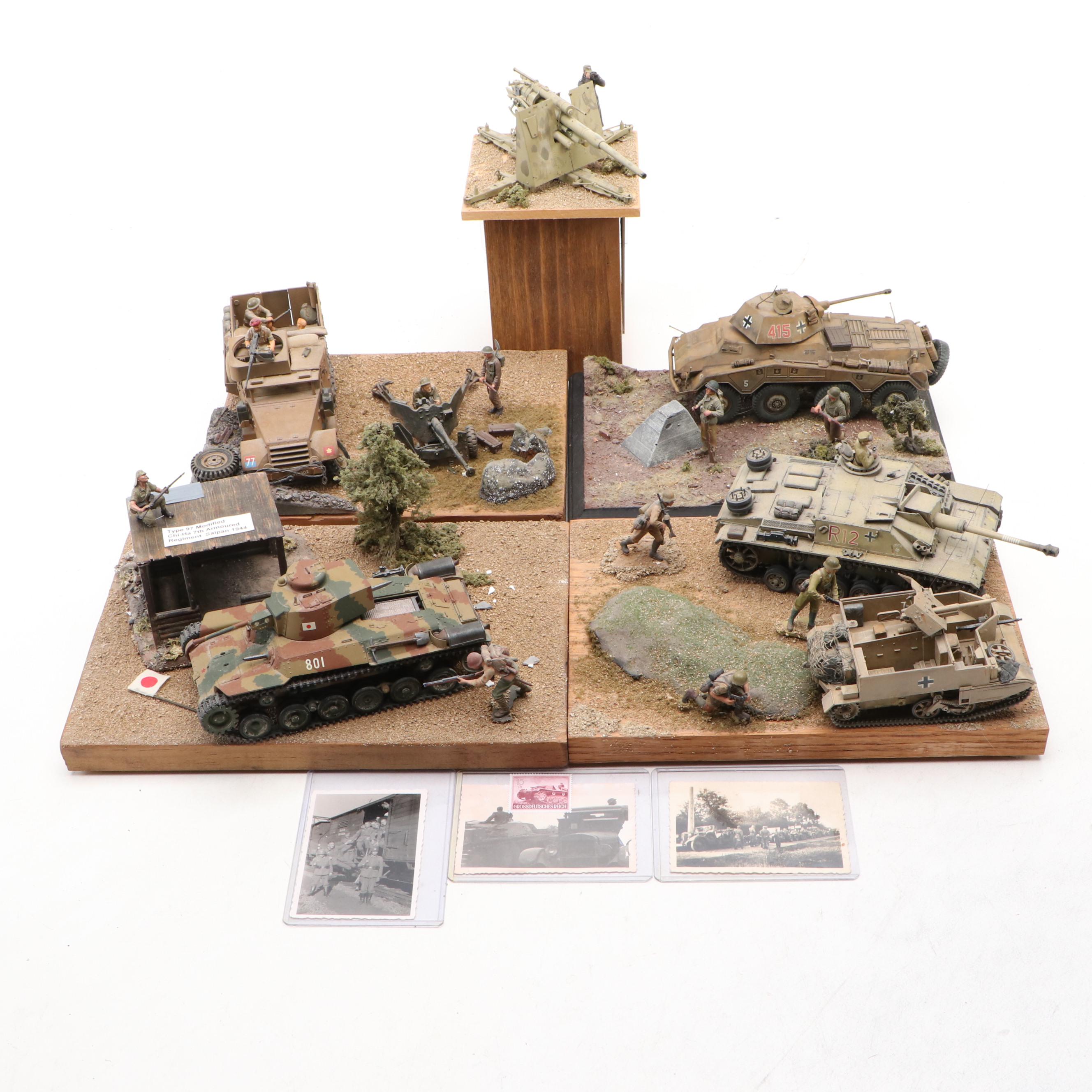 WWII Model Dioramas with Tanks, Military Equipment, and Photographs