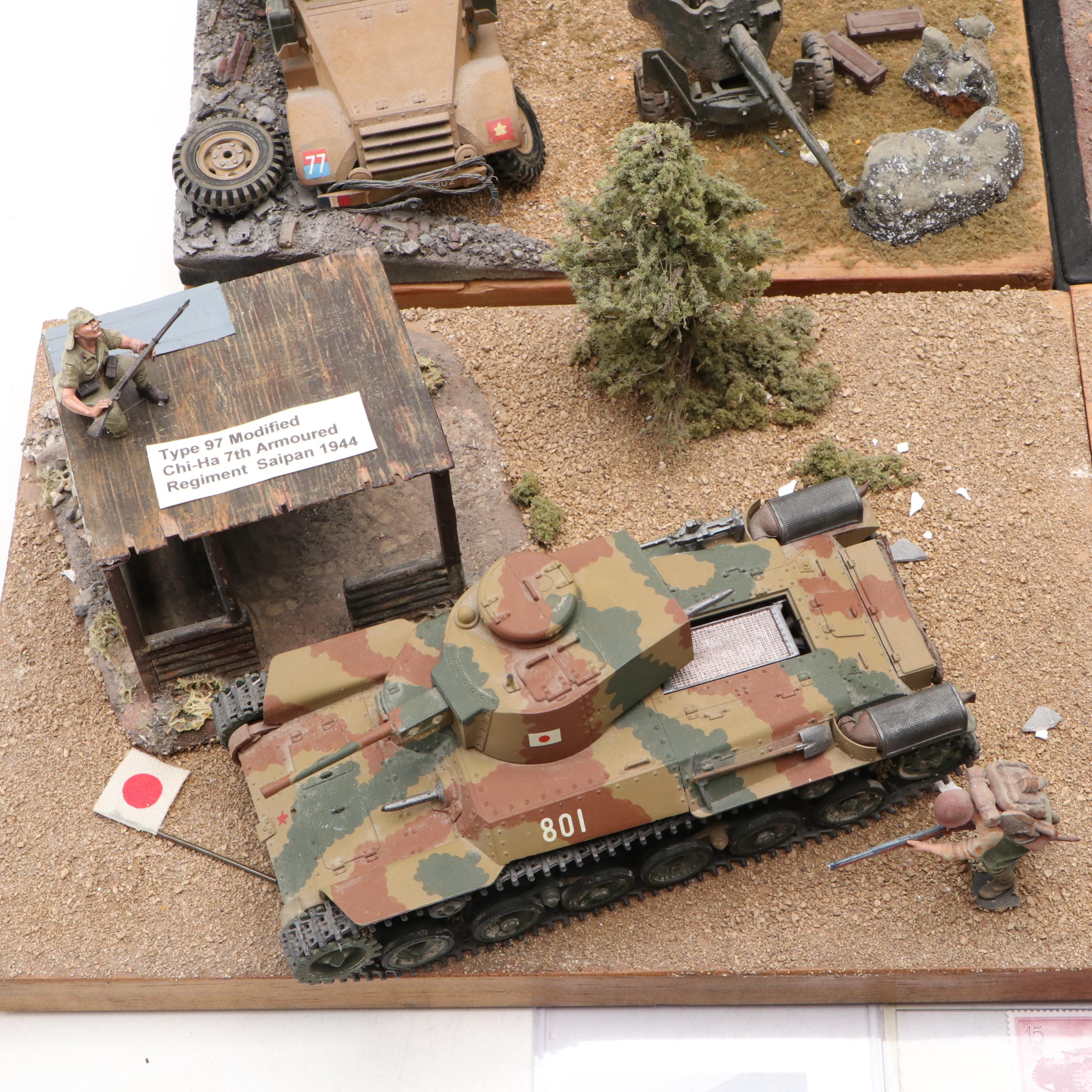 WWII Model Dioramas with Tanks, Military Equipment, and Photographs
