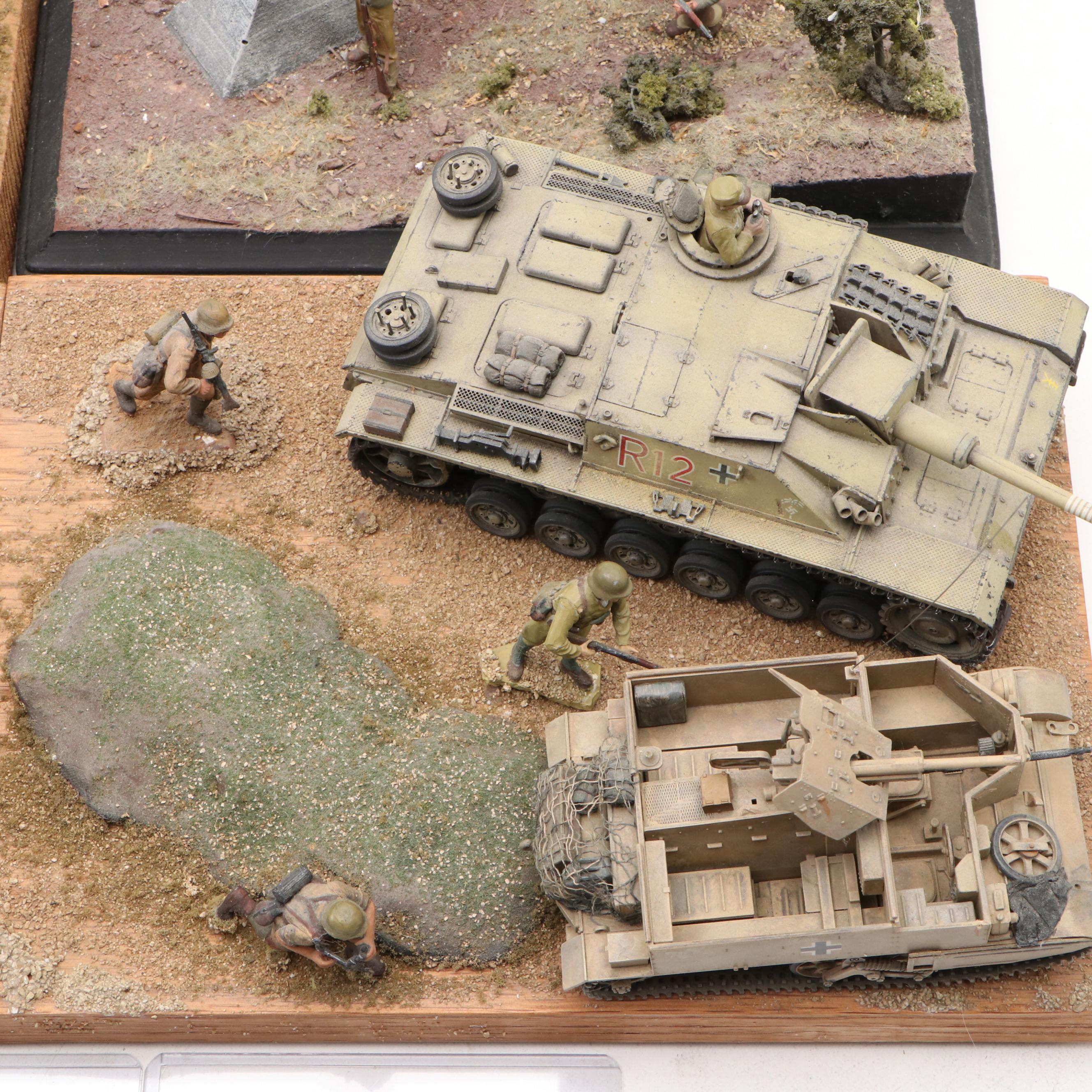 WWII Model Dioramas with Tanks, Military Equipment, and Photographs