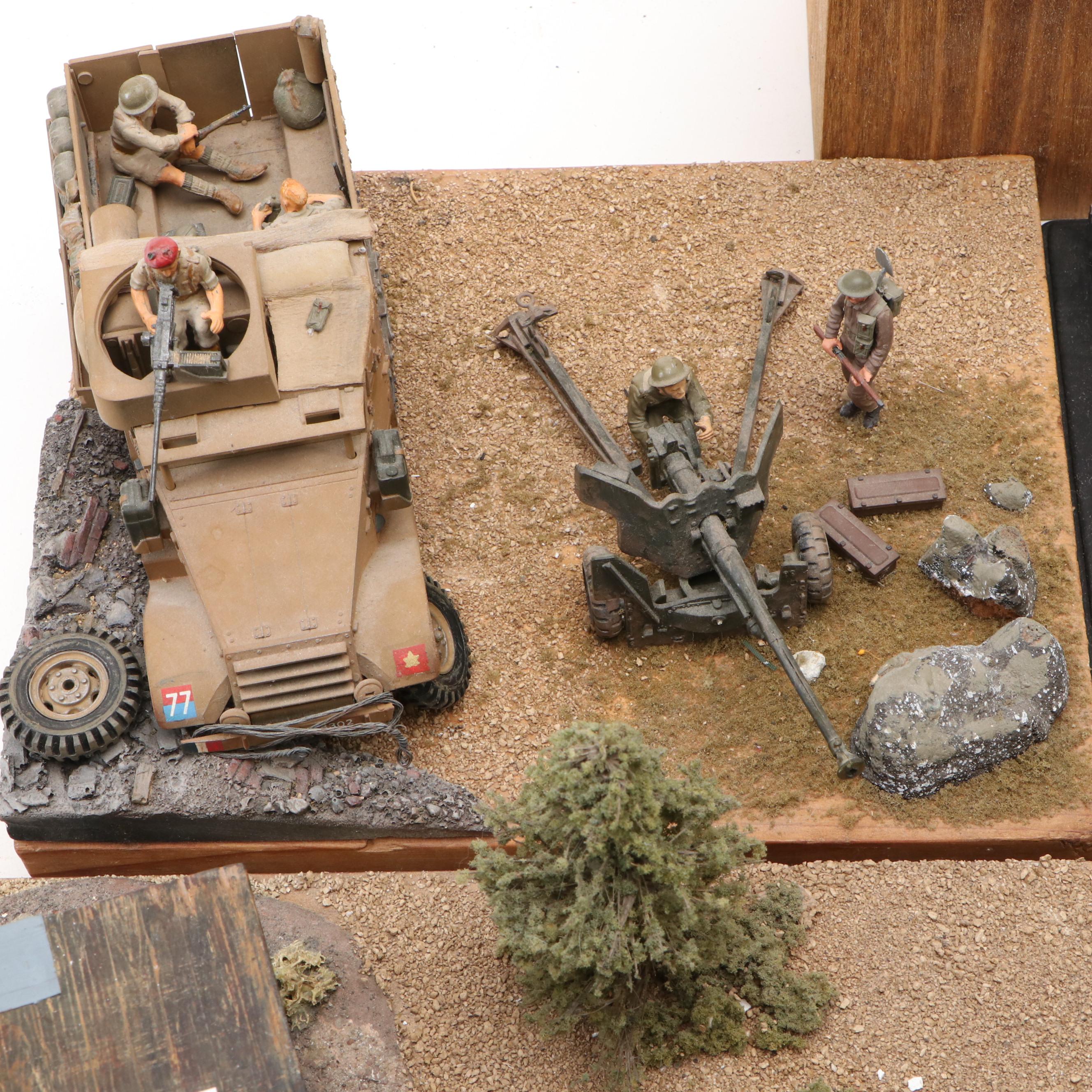 WWII Model Dioramas with Tanks, Military Equipment, and Photographs