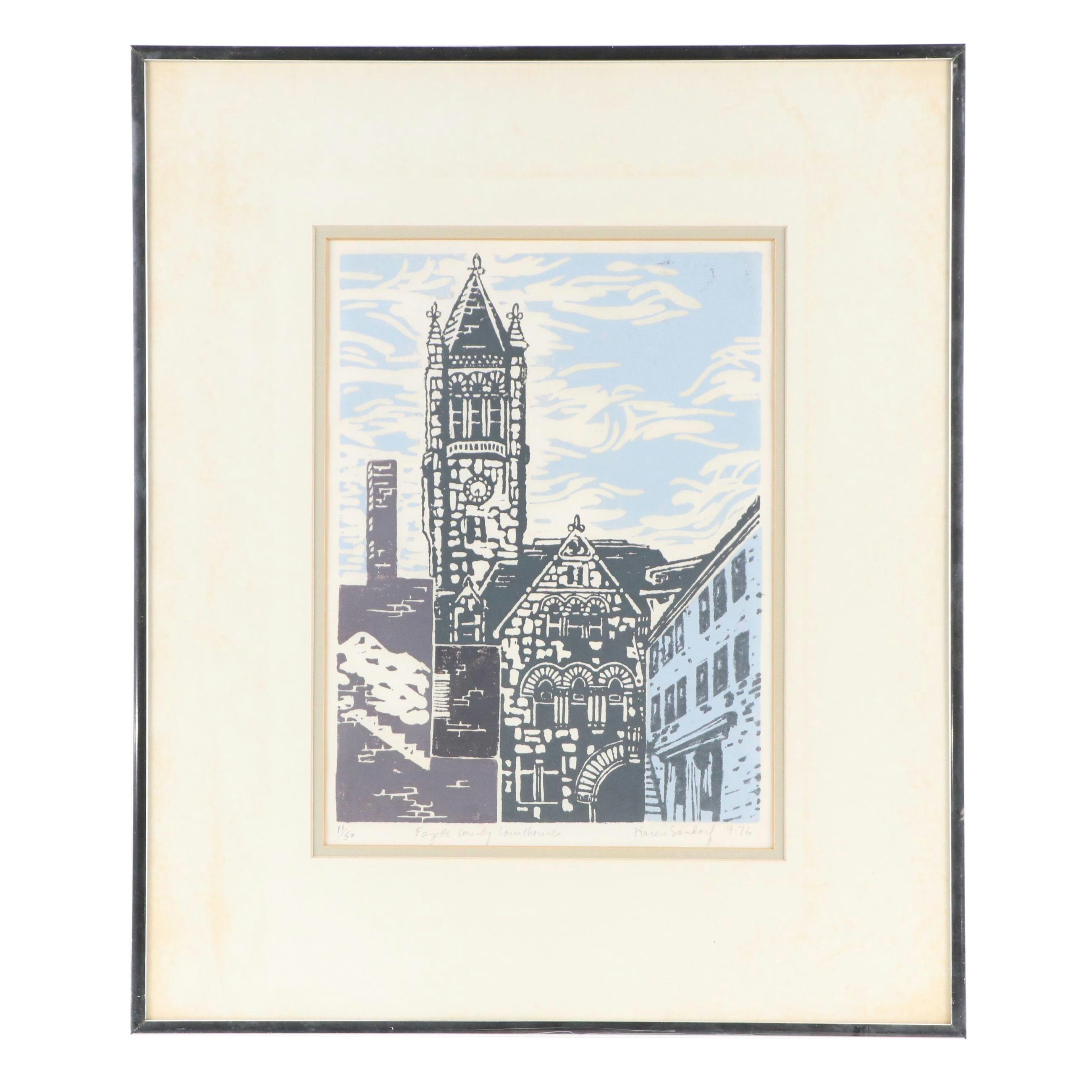 Karen Sandoy Linocut "Fayette County Courthouse," 1976