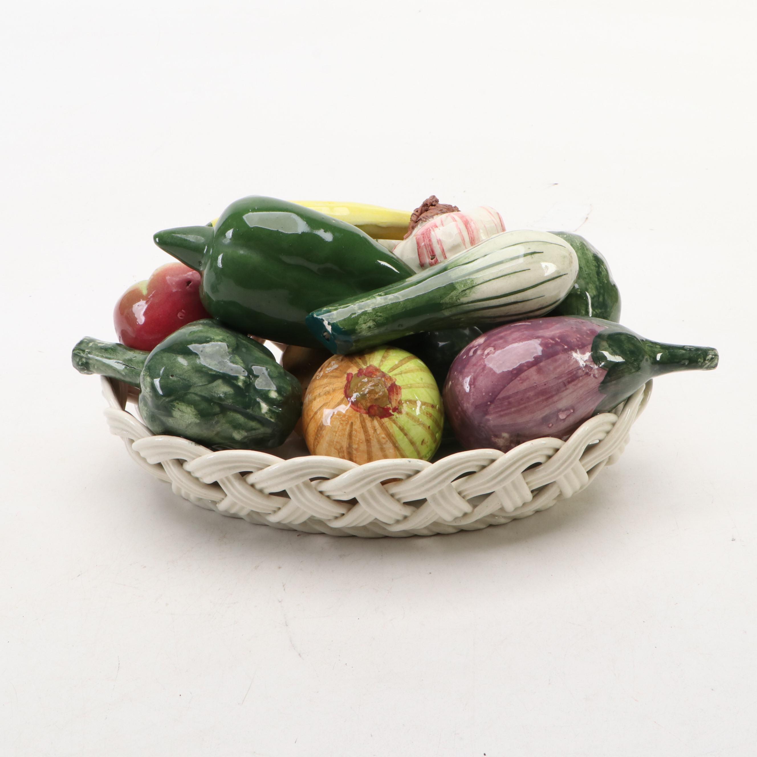Spanish Handmade Ceramic Basket of Fruits and Vegetables