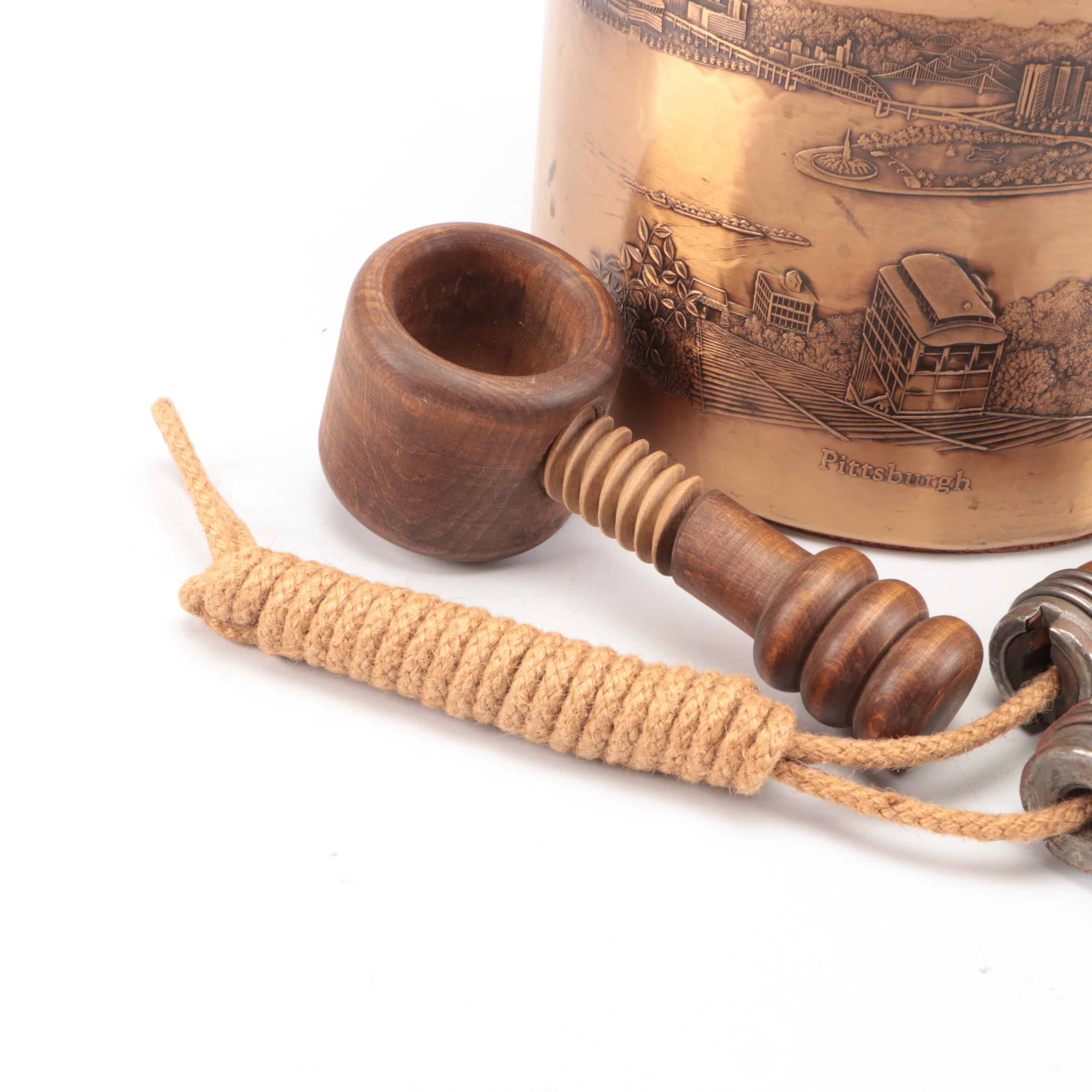 Wendell August Forge Bronze Ice Bucket with Bar Towel and Wooden Toys