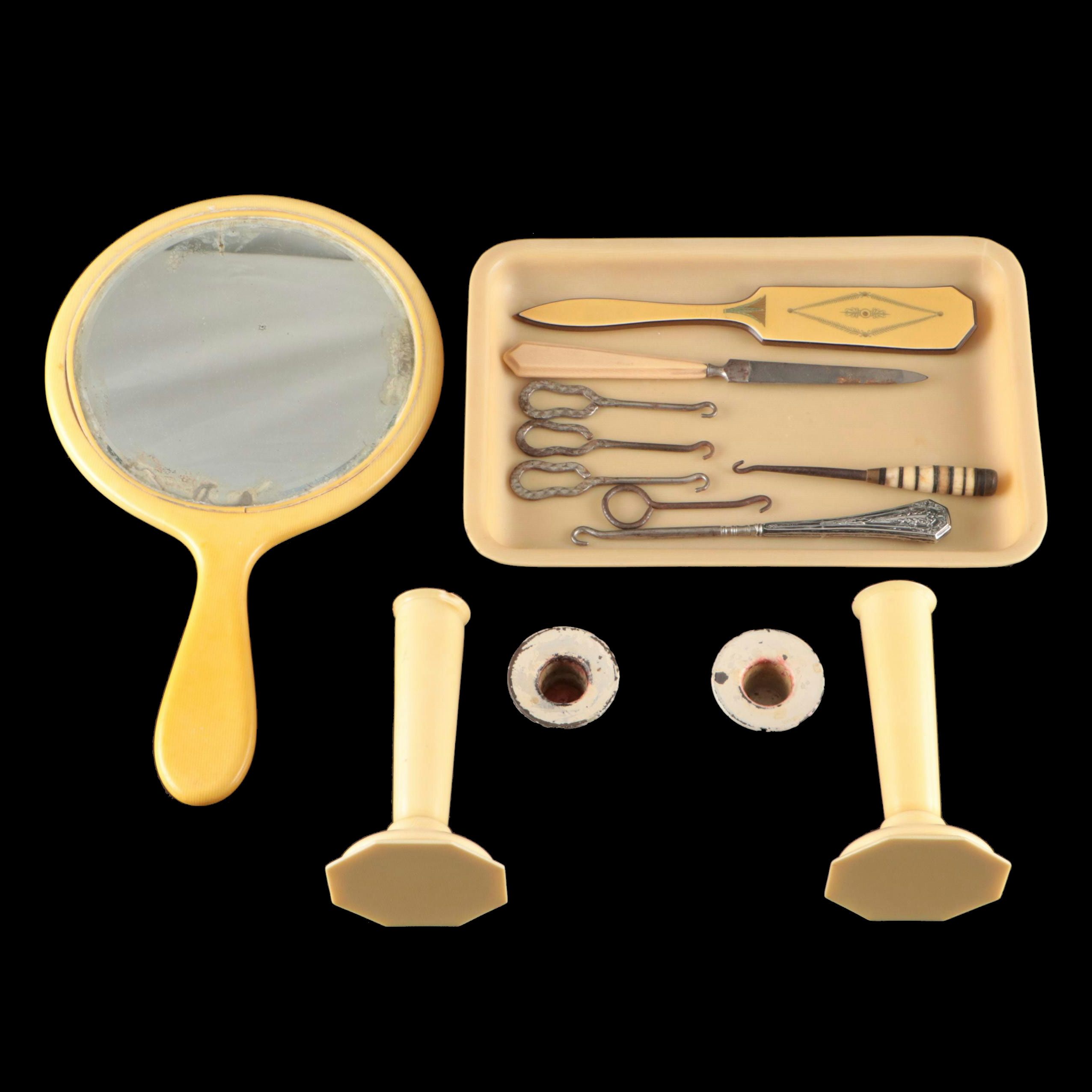 Art Deco French Ivory Candlesticks with Other Vanity Accessories