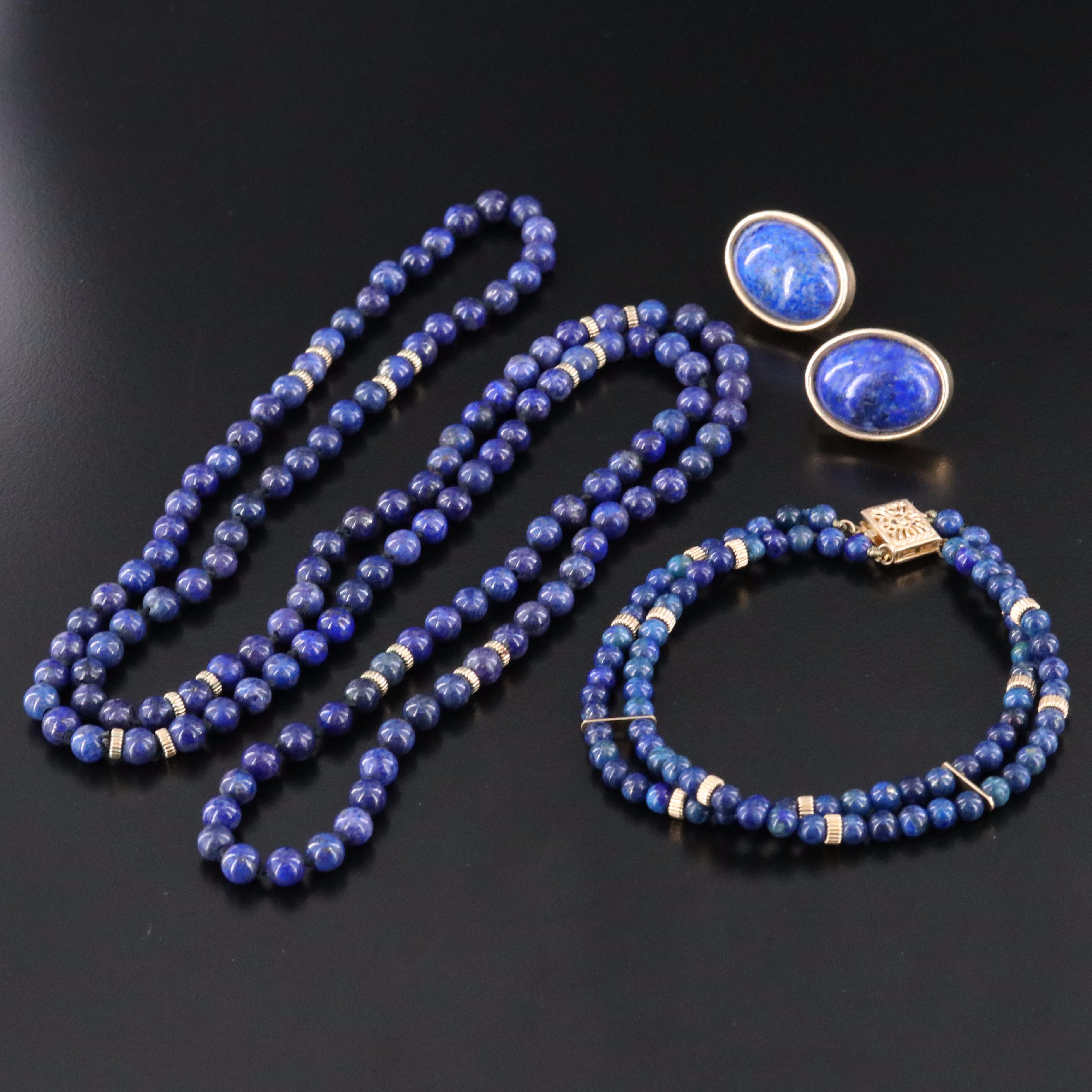 14K Lapis Lazuli Earrings, Bracelet and Endless Necklace
