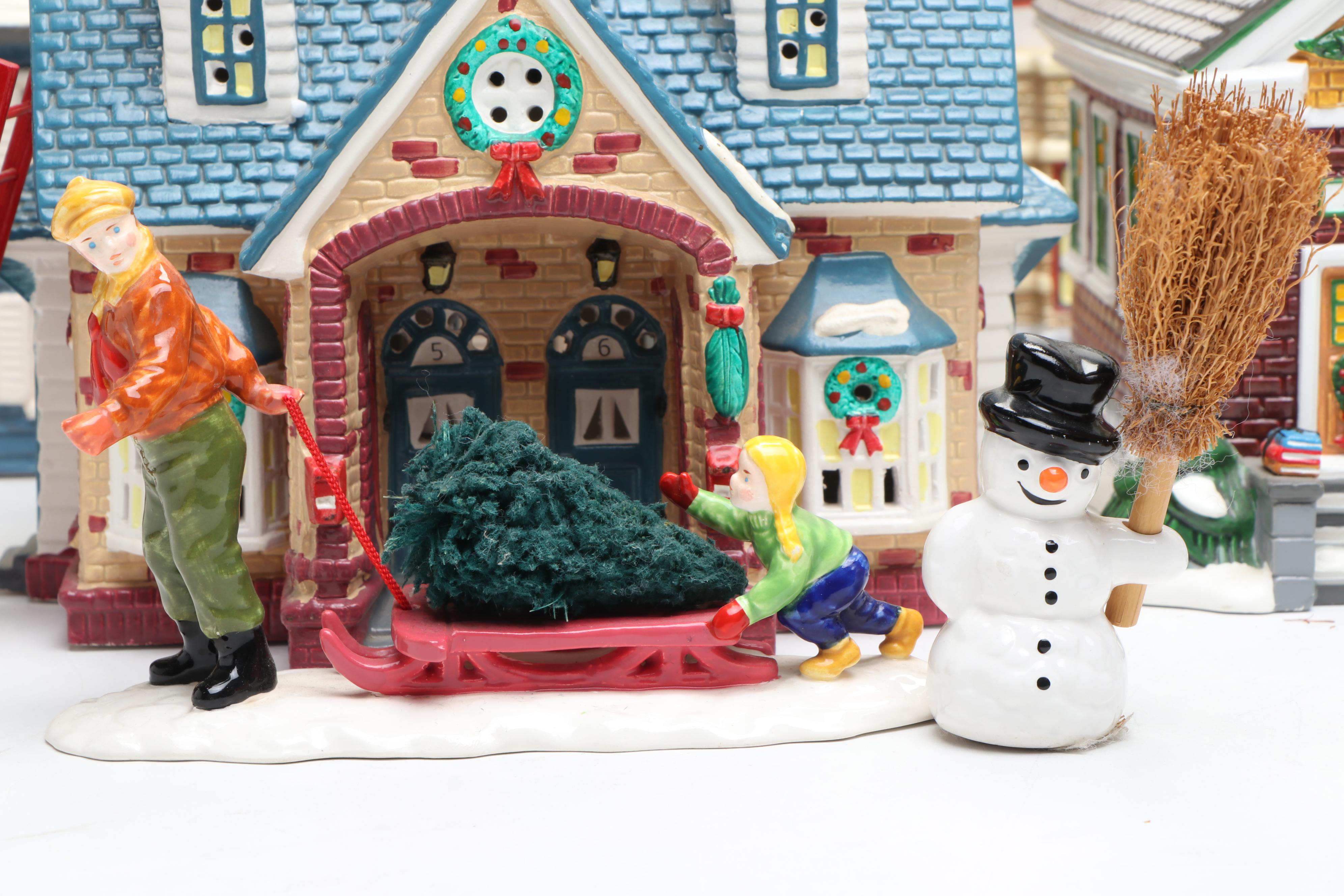 Department 56 Porcelain Christmas Village Featuring "Double Bungalow" with More