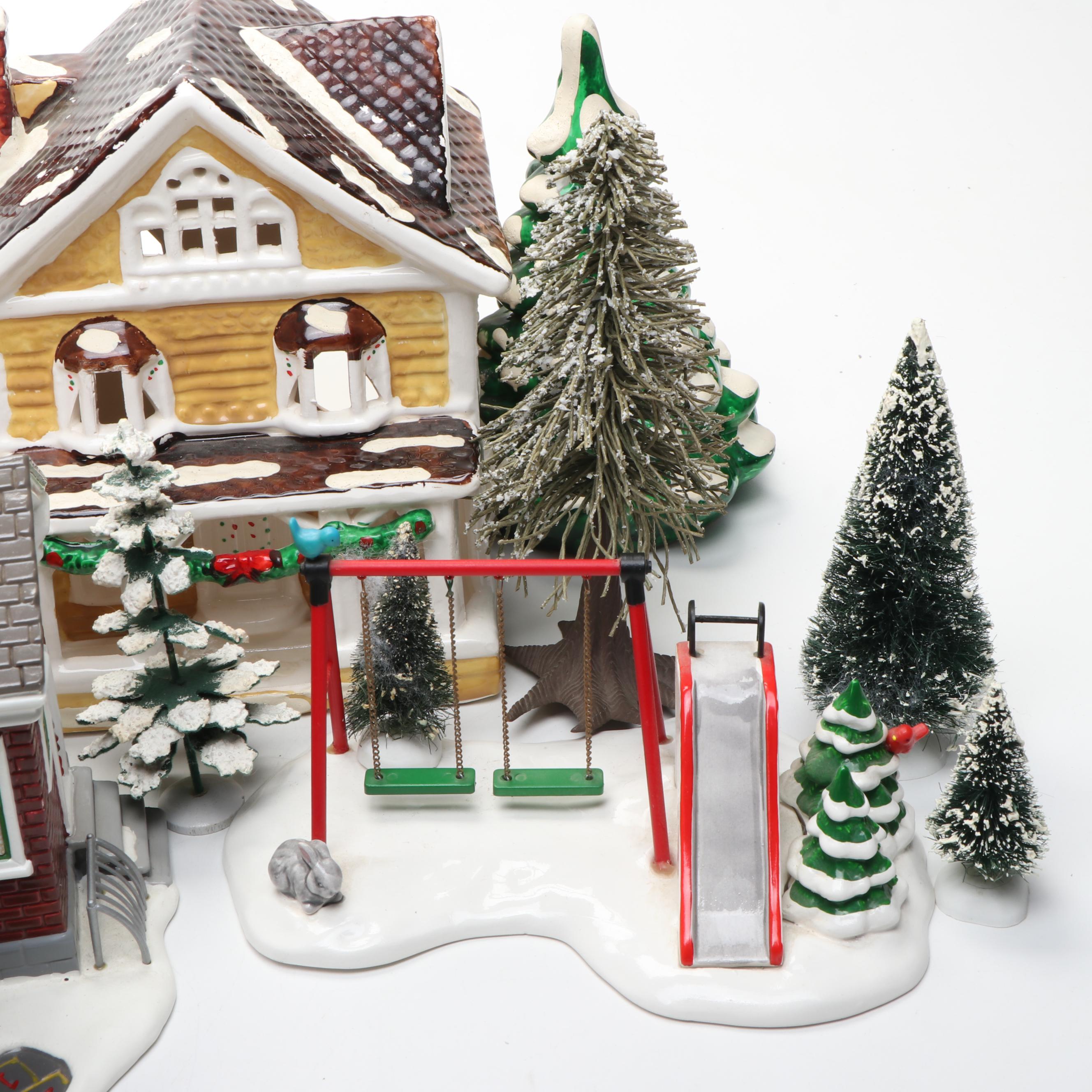 Department 56 Porcelain Christmas Village Featuring "Double Bungalow" with More