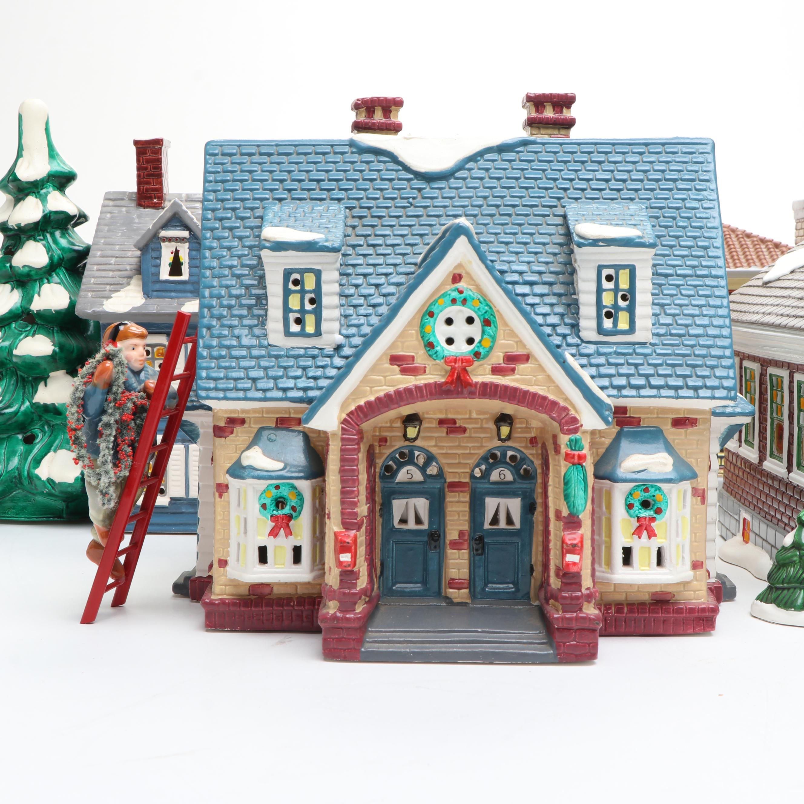 Department 56 Porcelain Christmas Village Featuring "Double Bungalow" with More
