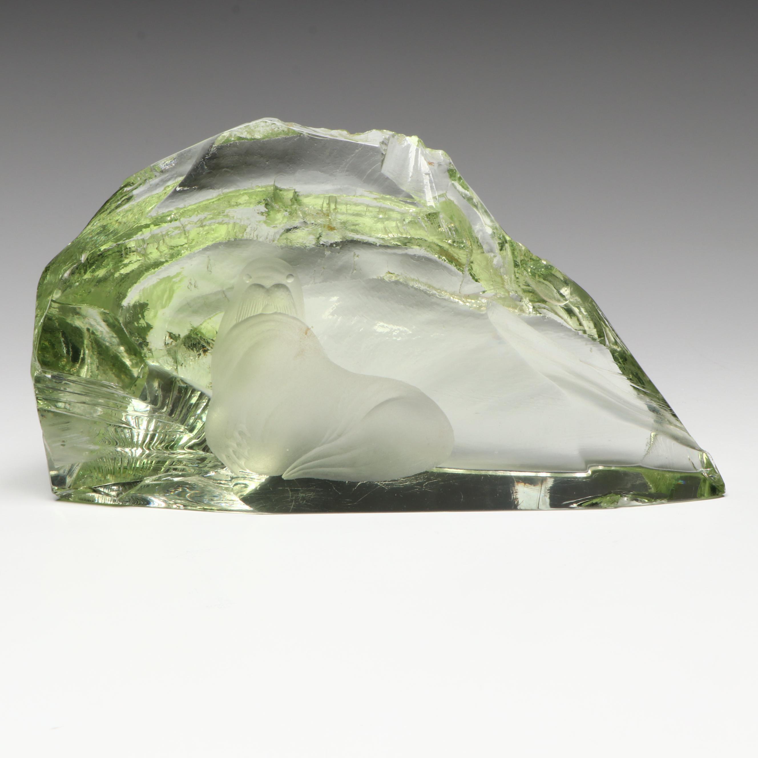 Vicke Lindstrand Walrus Satin Etched Glass Sculpture, Mid to Late 20th Century