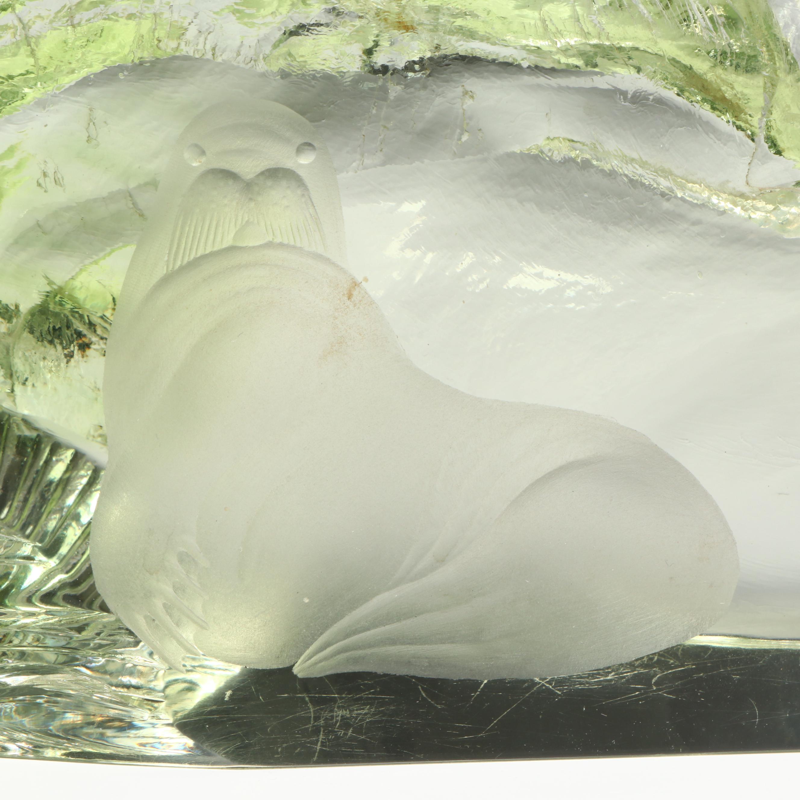 Vicke Lindstrand Walrus Satin Etched Glass Sculpture, Mid to Late 20th Century