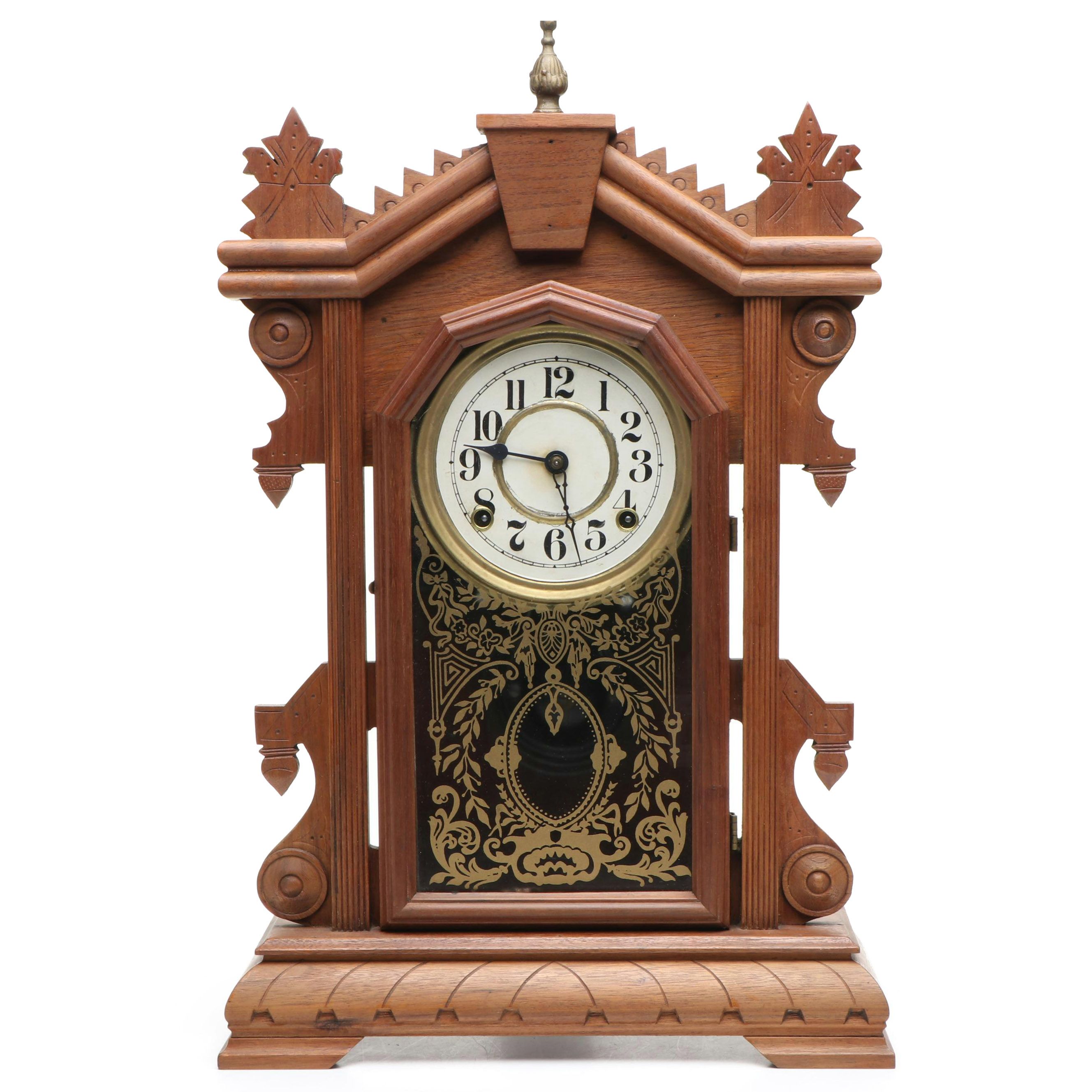 E. Ingraham Carved Walnut Kitchen Clock, Late 19th/ Early 20th Century