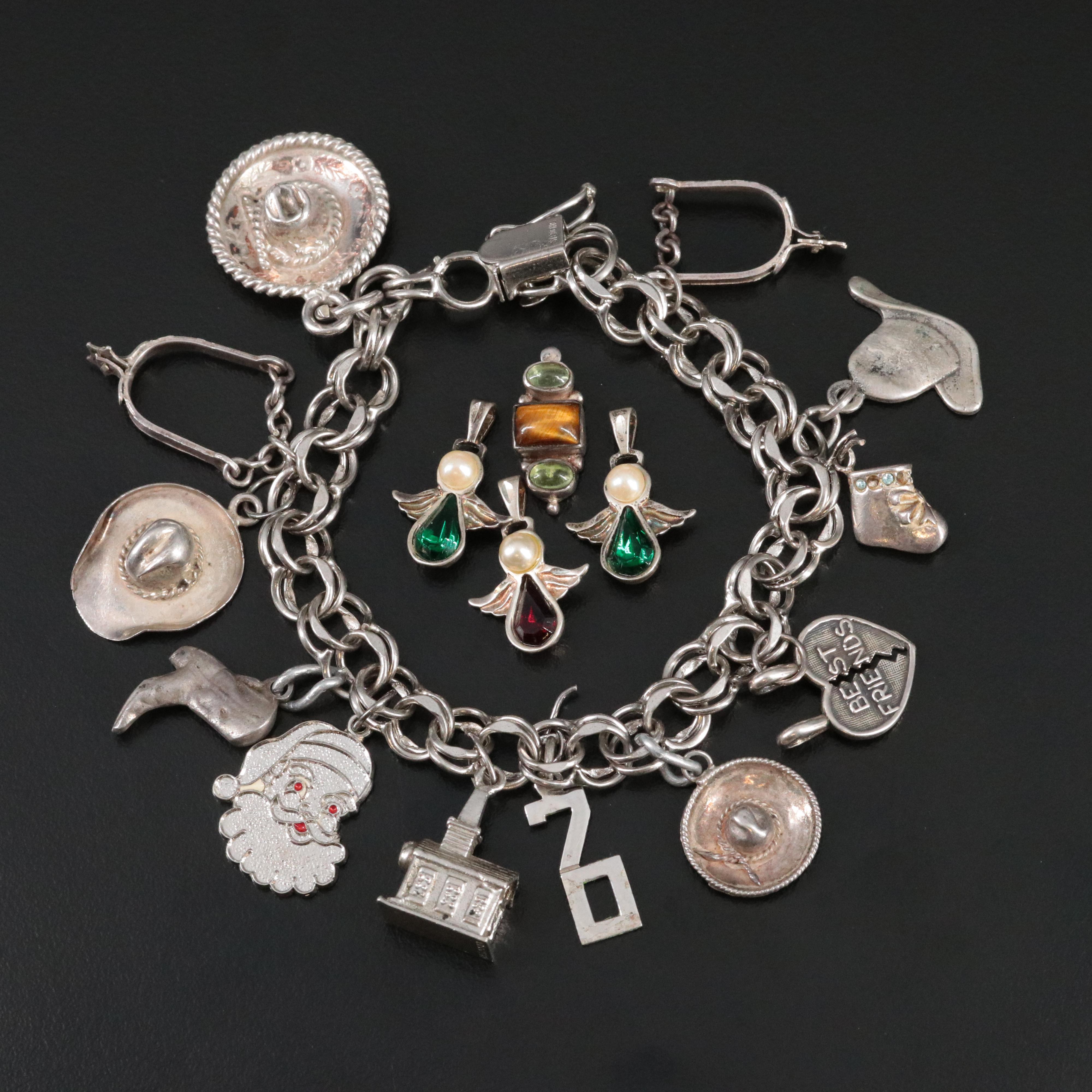 Vintage Sterling Charm Bracelet with Tiger's Eye and Extra Charms