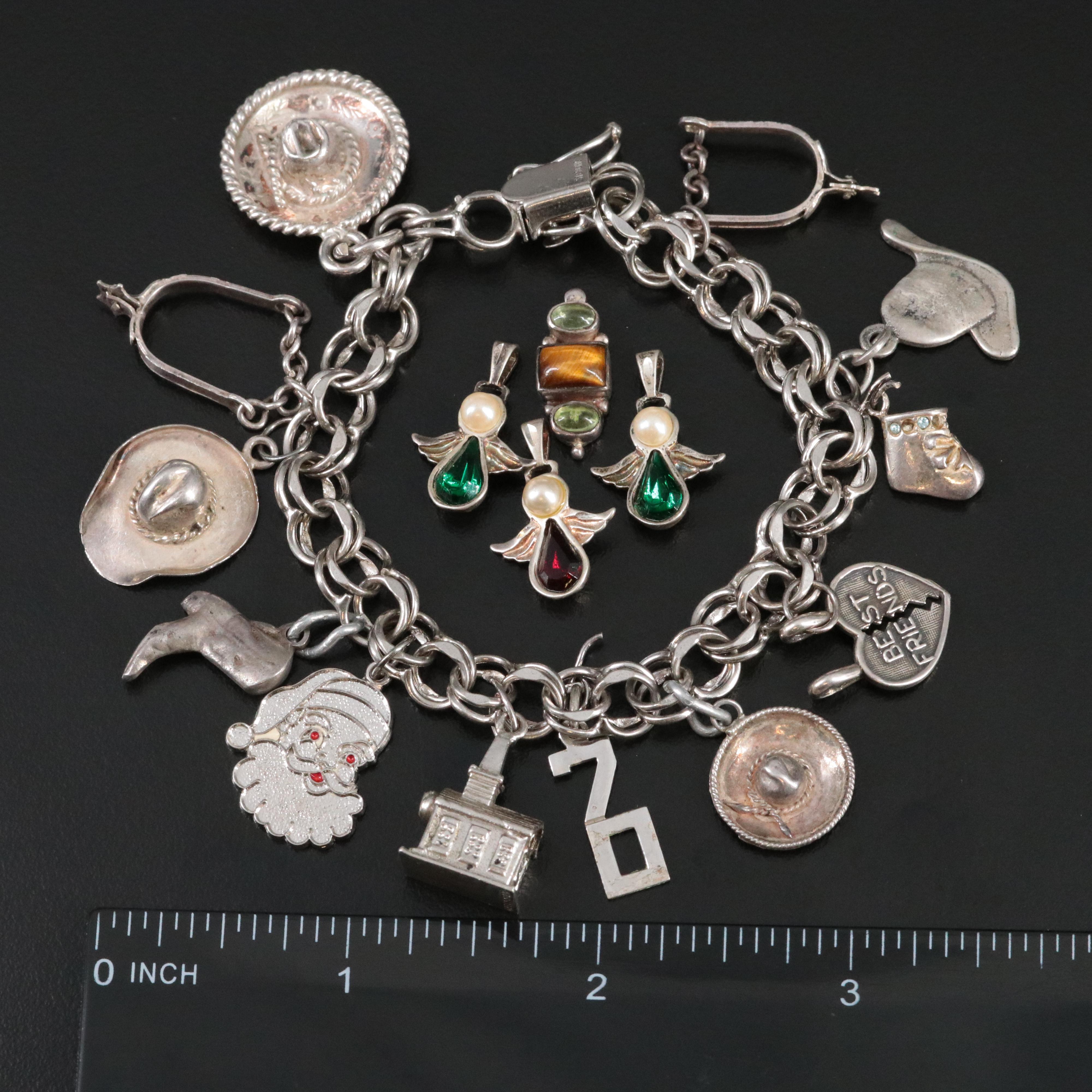 Vintage Sterling Charm Bracelet with Tiger's Eye and Extra Charms