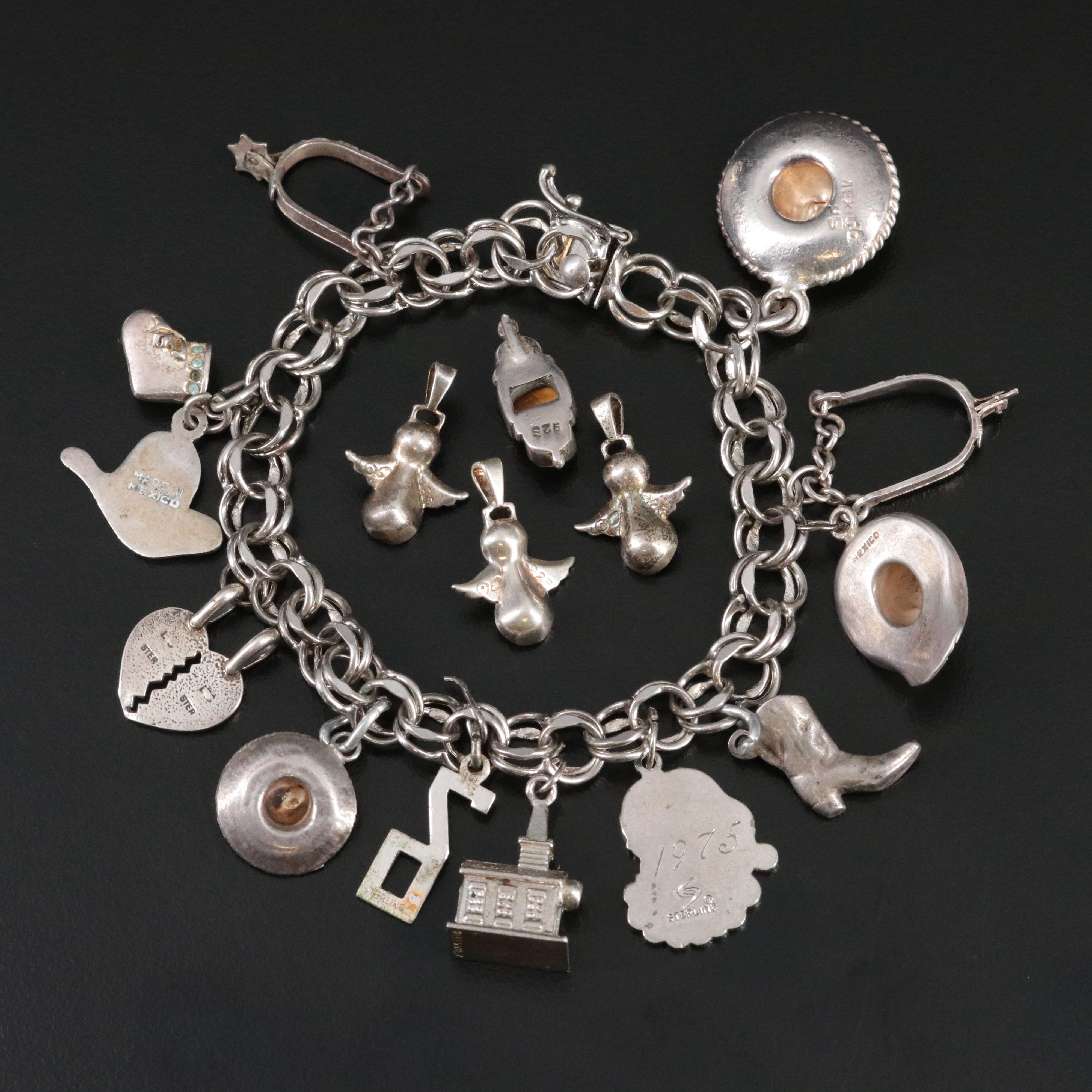 Vintage Sterling Charm Bracelet with Tiger's Eye and Extra Charms