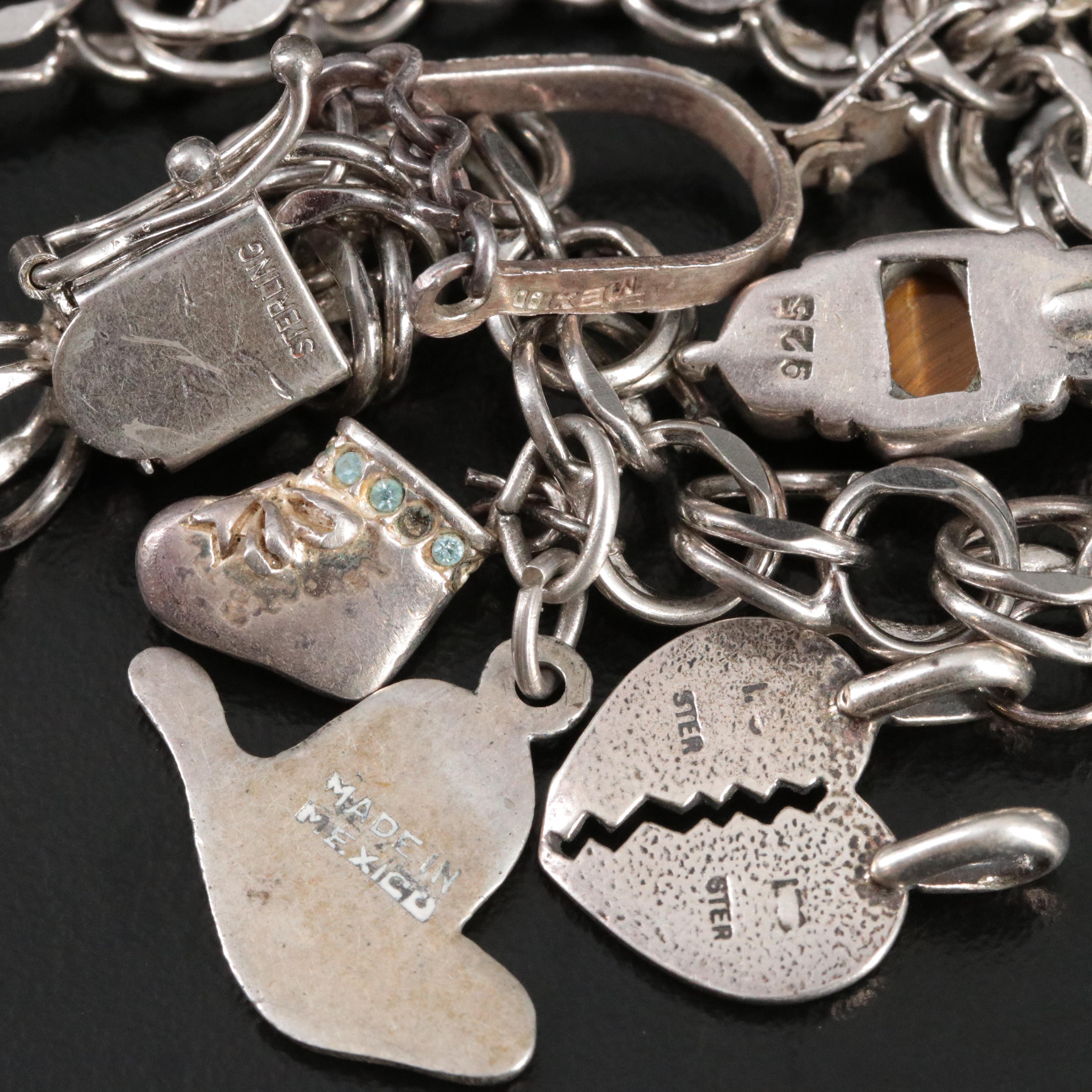 Vintage Sterling Charm Bracelet with Tiger's Eye and Extra Charms