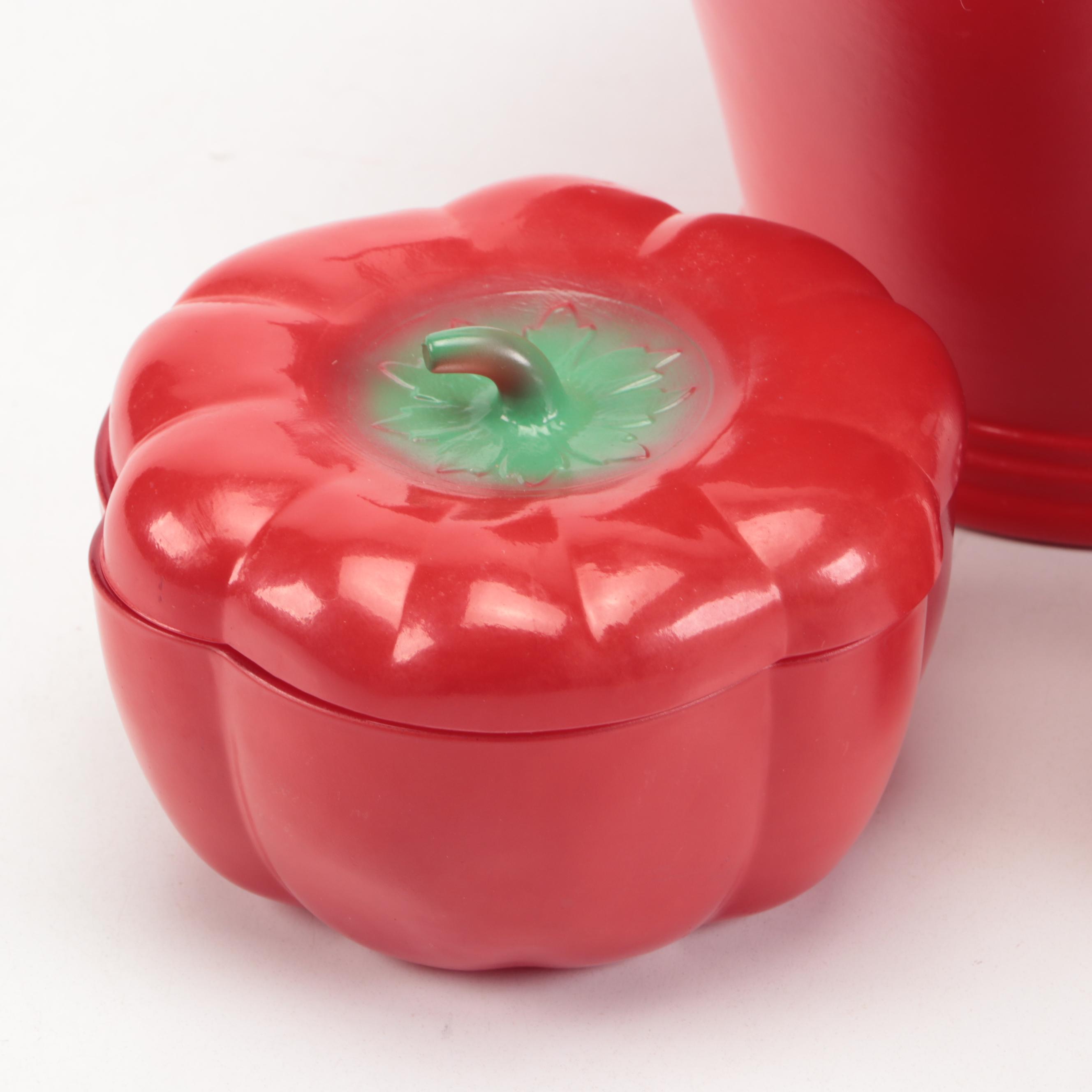 Mid Century Modern Style Ceramic Teapot with Tomato and Strawberry Glass Boxes