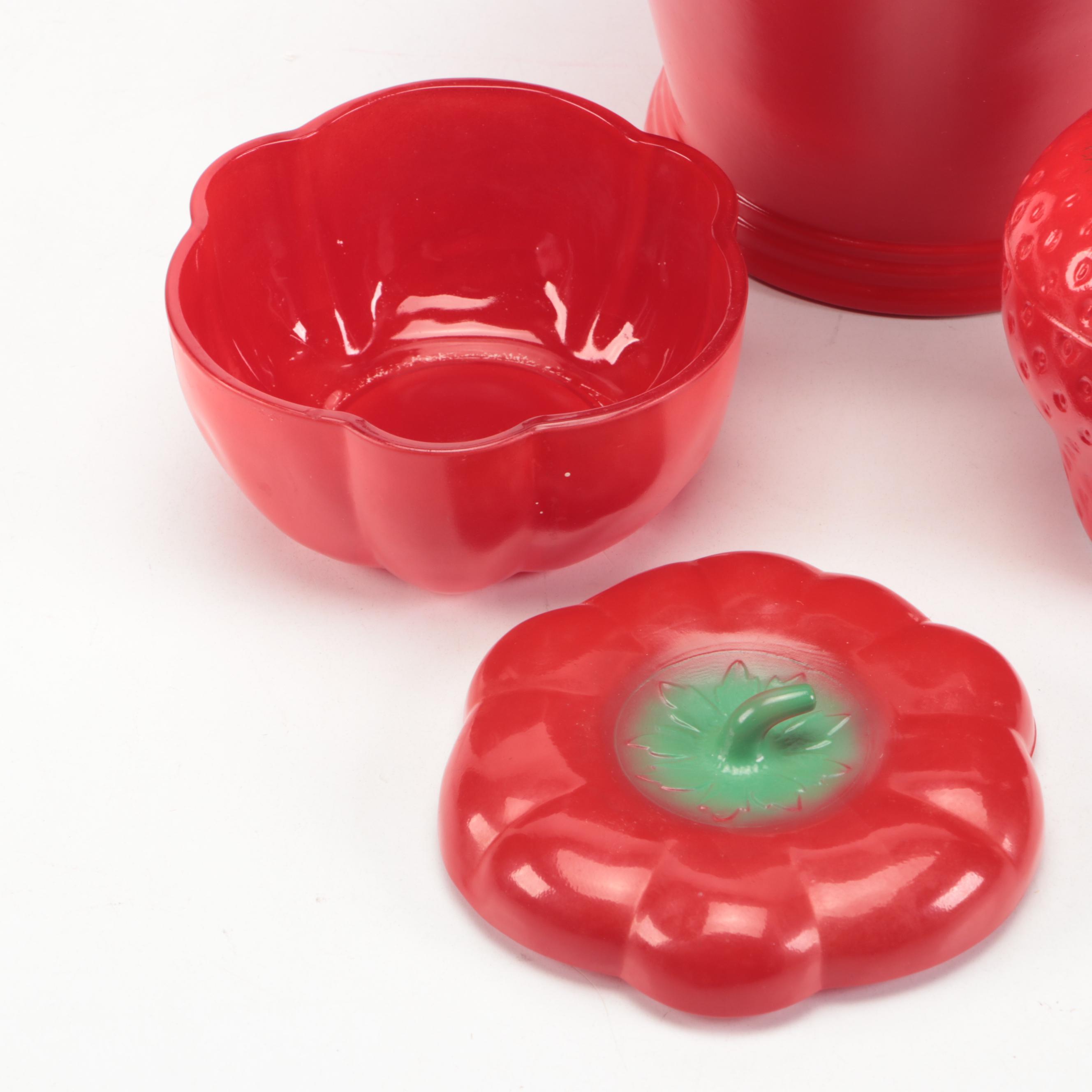 Mid Century Modern Style Ceramic Teapot with Tomato and Strawberry Glass Boxes