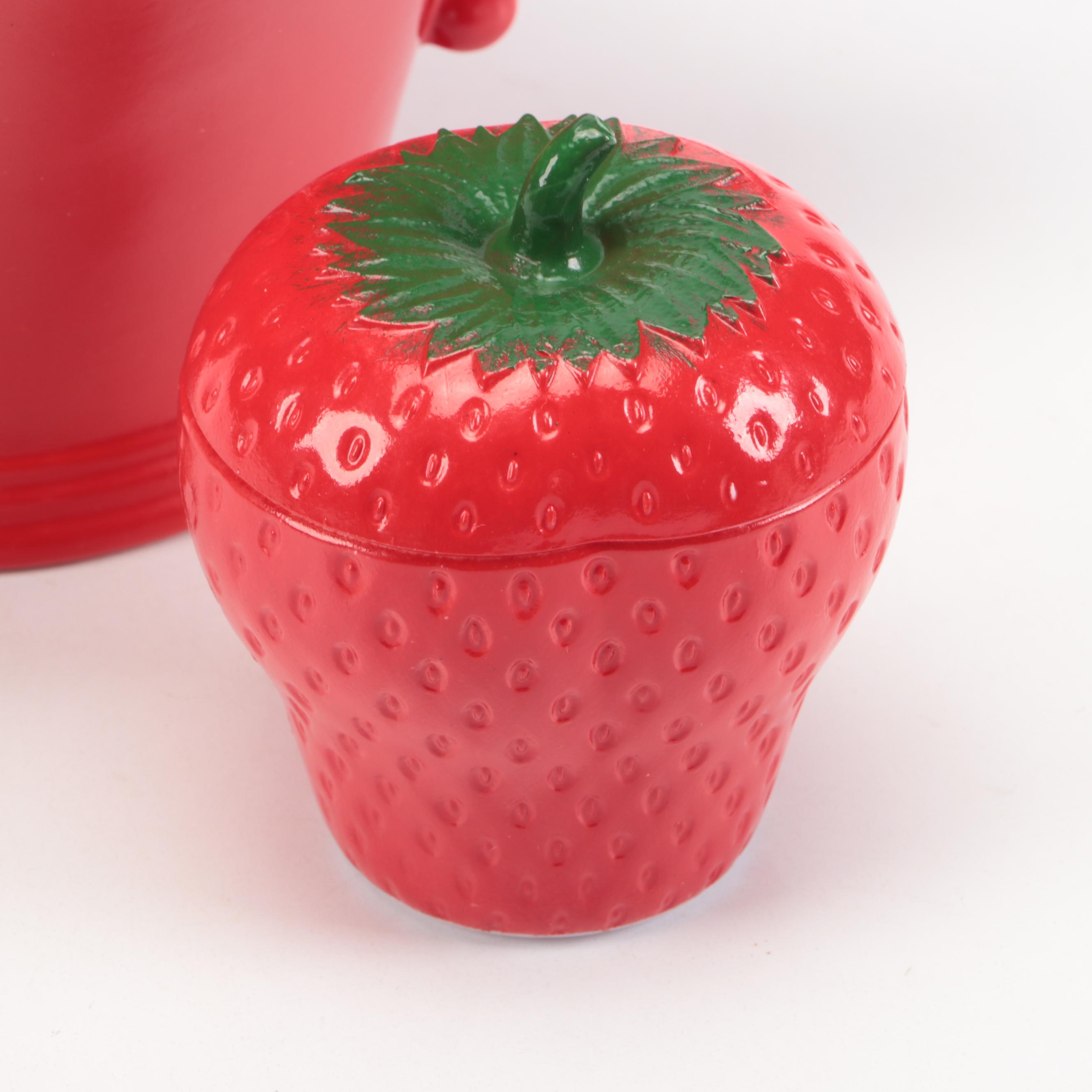 Mid Century Modern Style Ceramic Teapot with Tomato and Strawberry Glass Boxes