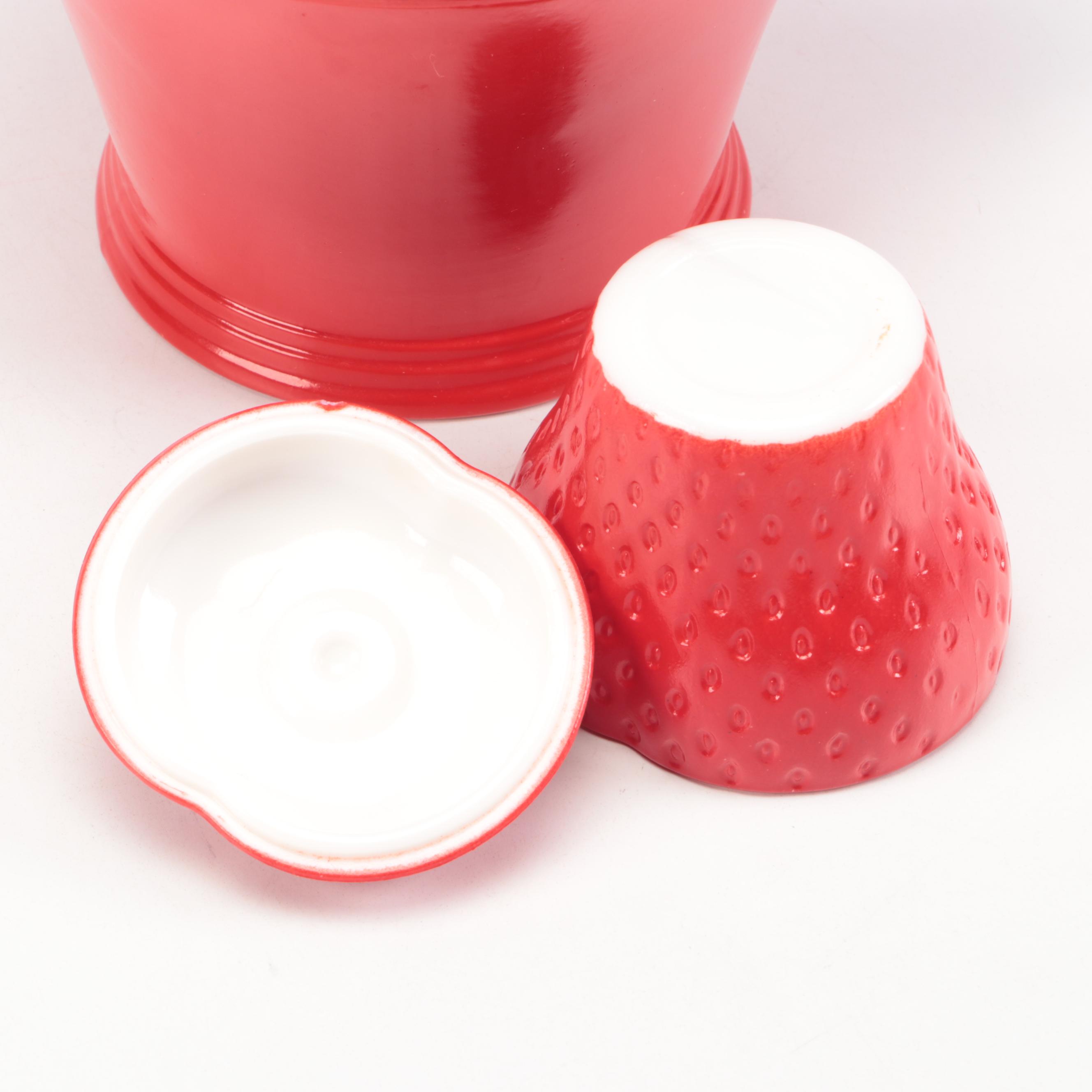 Mid Century Modern Style Ceramic Teapot with Tomato and Strawberry Glass Boxes