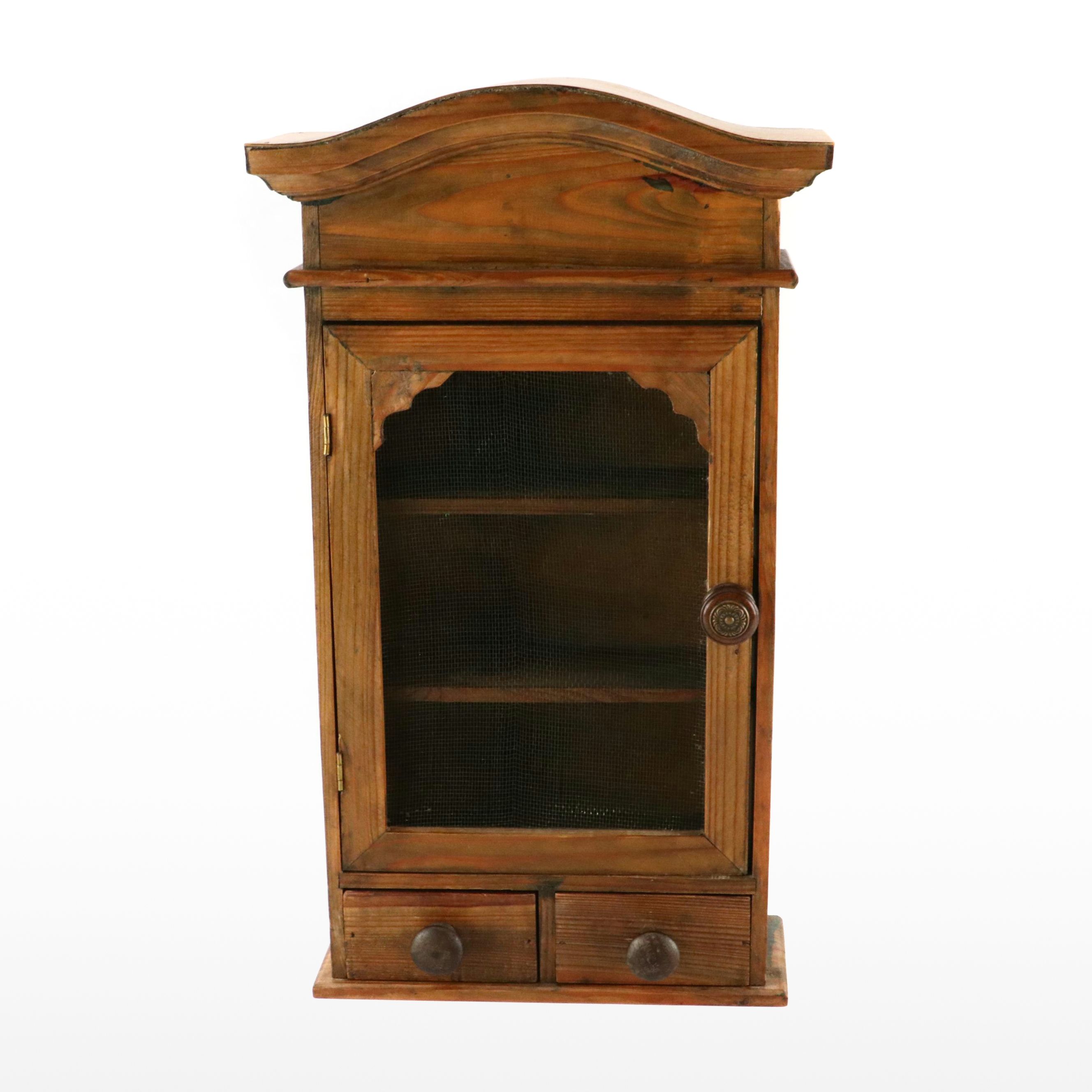 Distressed Finish Pine Wall Cabinet with Wire Panel