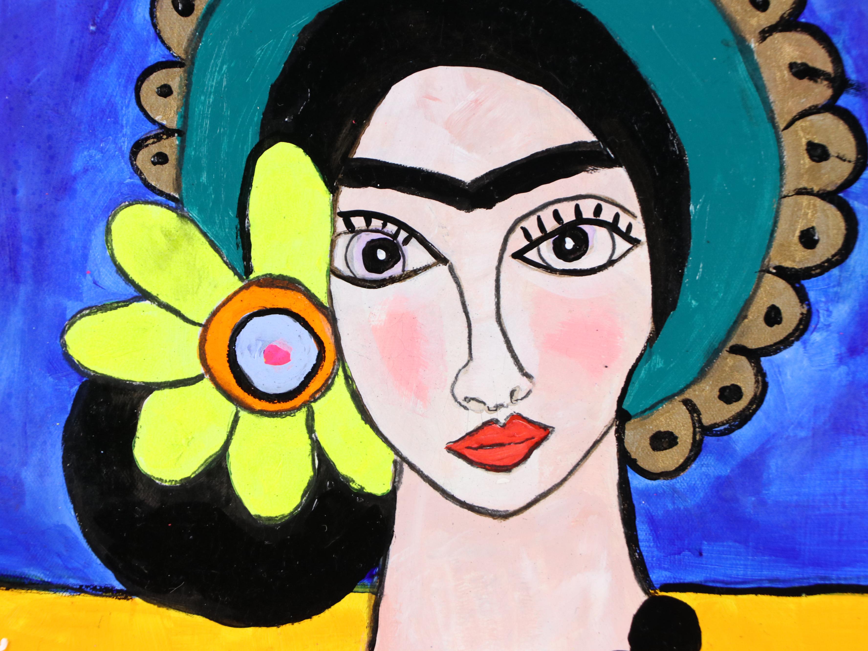 Milagros Pongo Stylized Mixed Media Portrait of Frida Kahlo "Frida (Collection)"