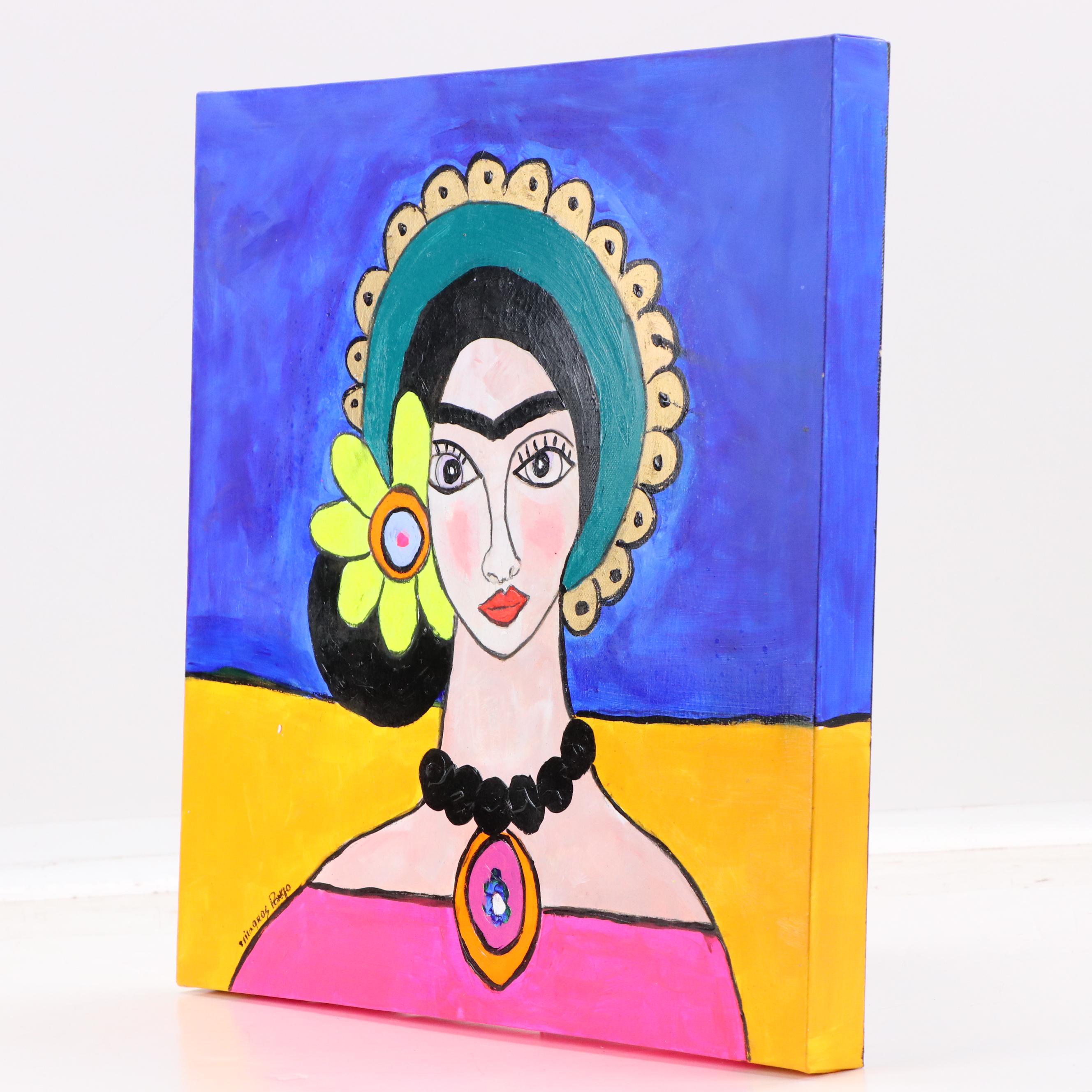 Milagros Pongo Stylized Mixed Media Portrait of Frida Kahlo "Frida (Collection)"