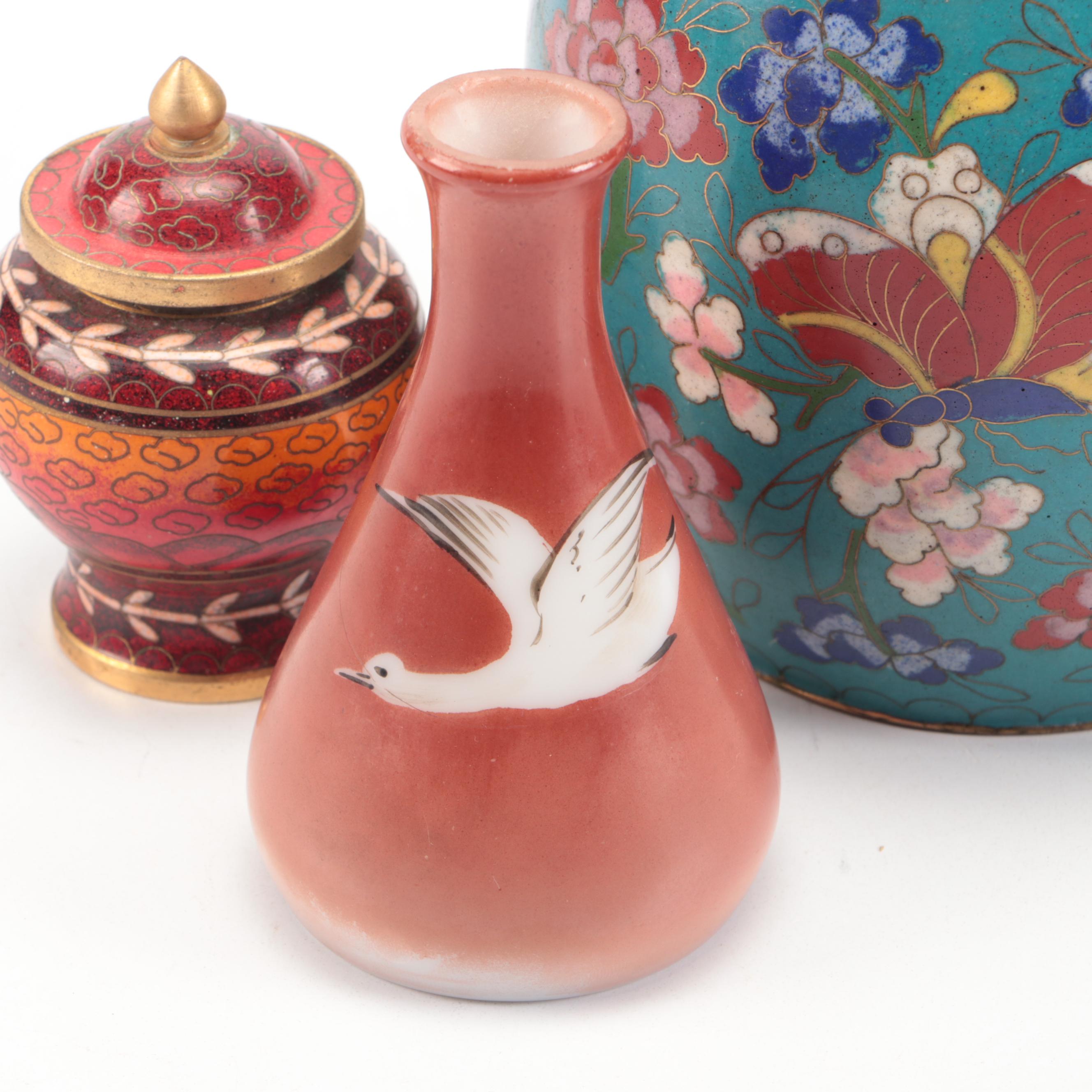 Chinese Cloisonné Lidded Jars with Other Porcelain Bottle Vase