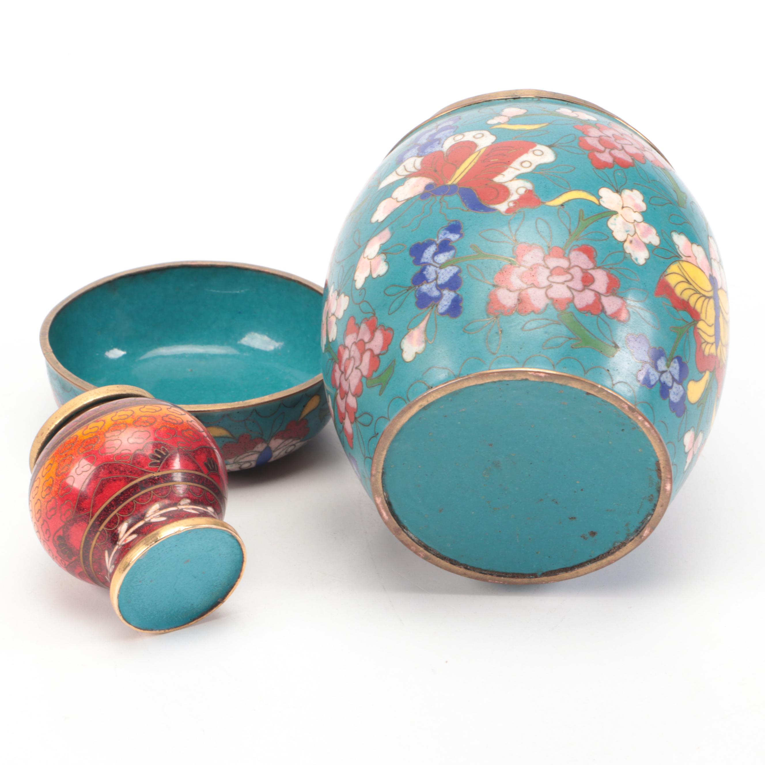 Chinese Cloisonné Lidded Jars with Other Porcelain Bottle Vase