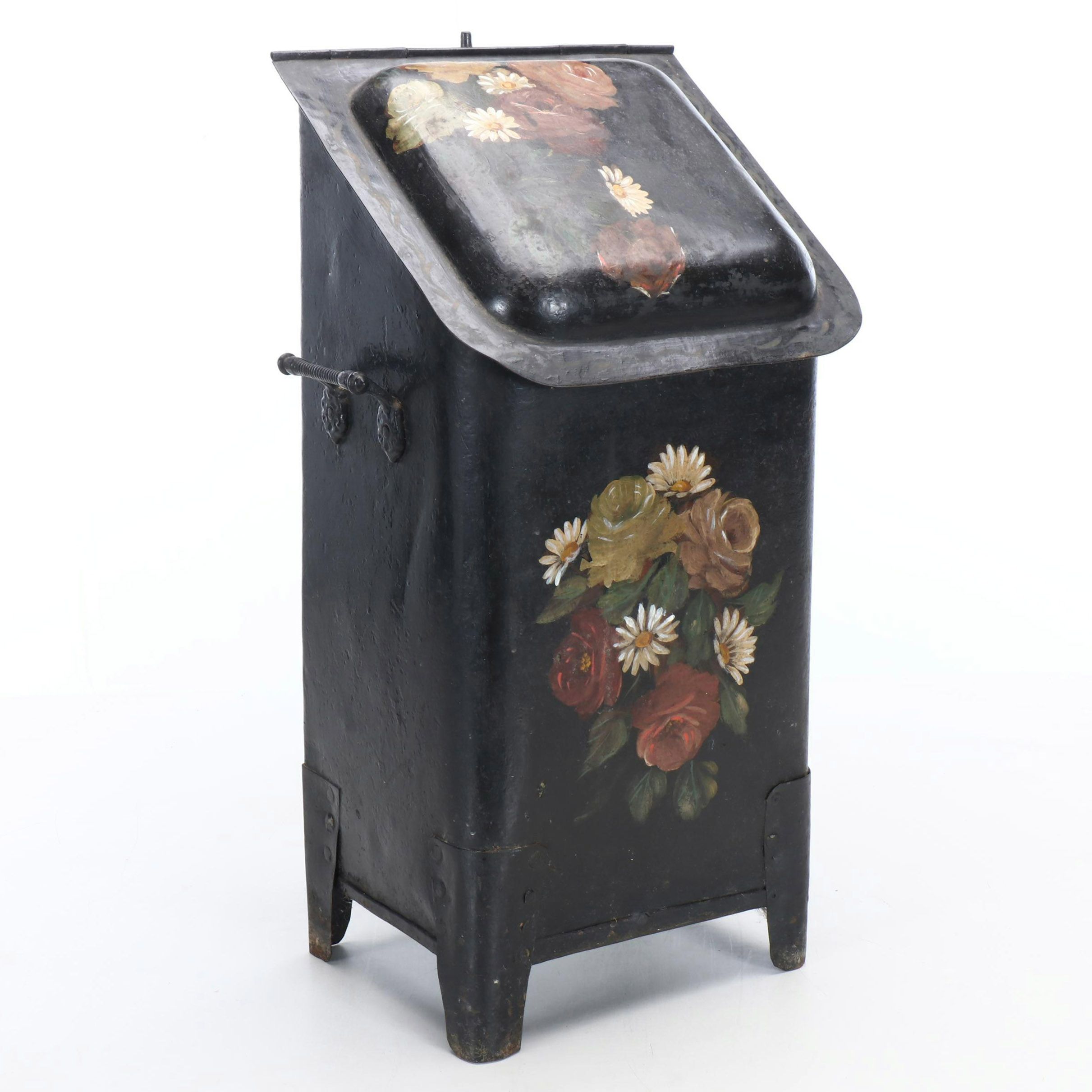 Victorian Hand-Painted Tole Metal Coal Scuttle, Late 19th Century