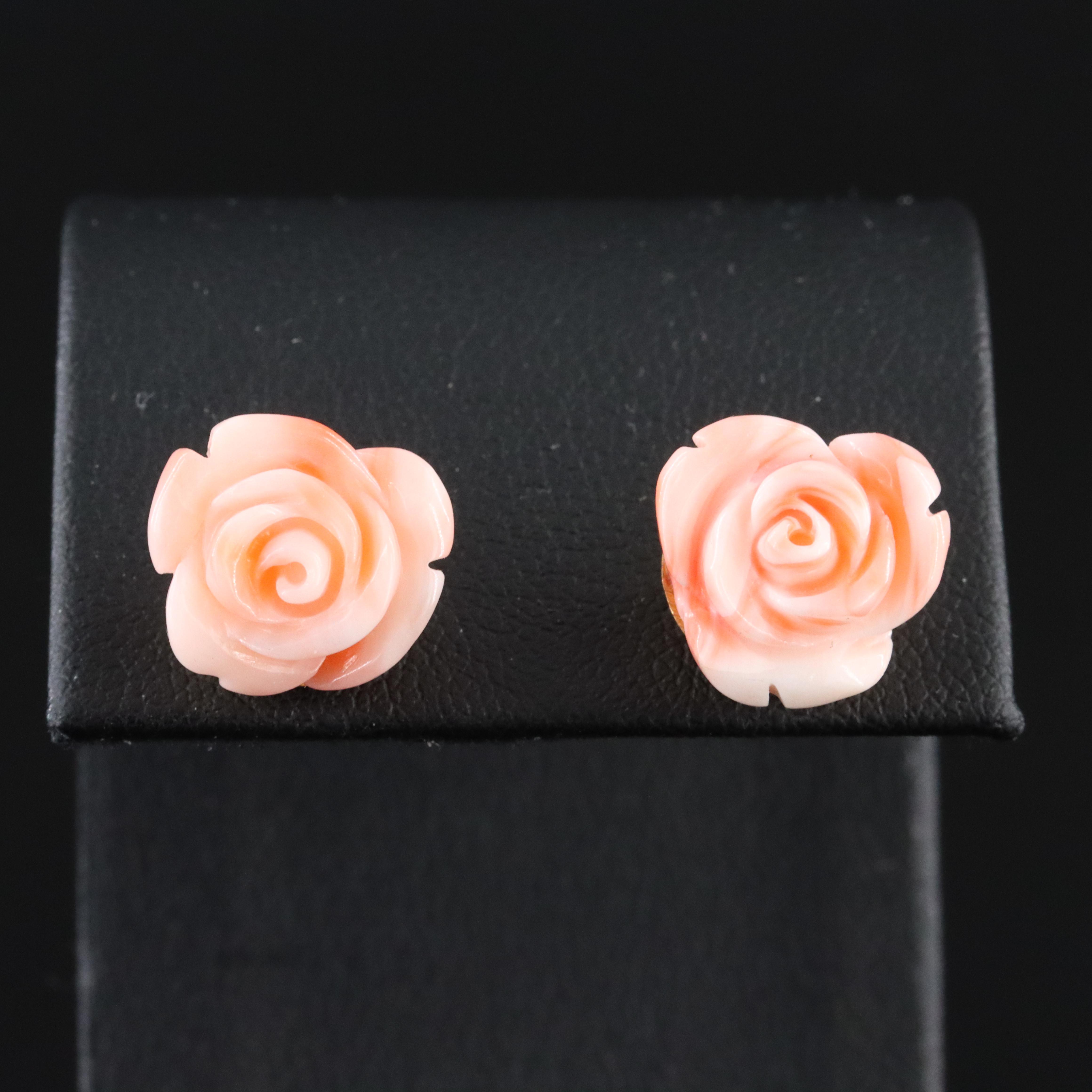 18K Carved Coral Rose Stud Earrings