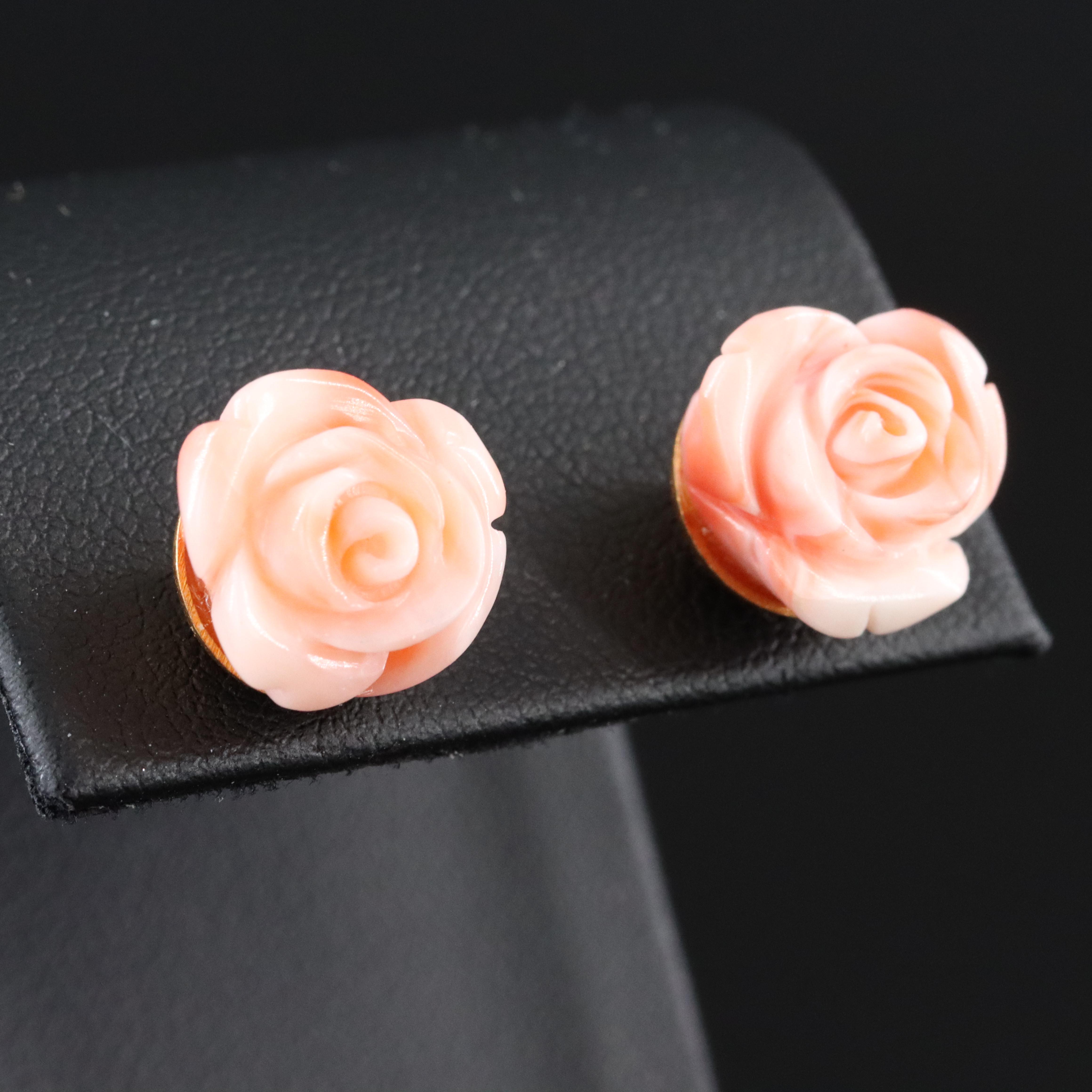 18K Carved Coral Rose Stud Earrings