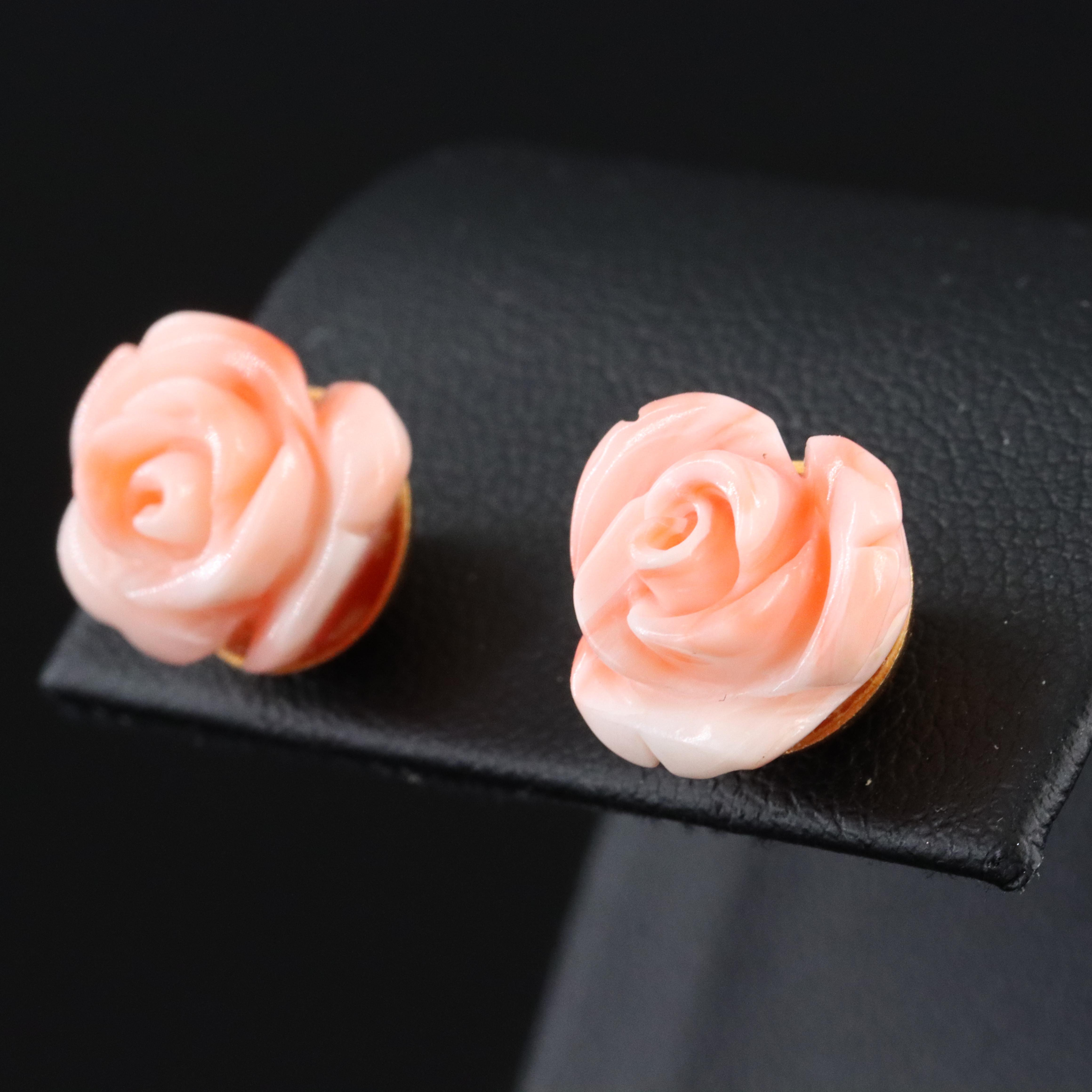 18K Carved Coral Rose Stud Earrings