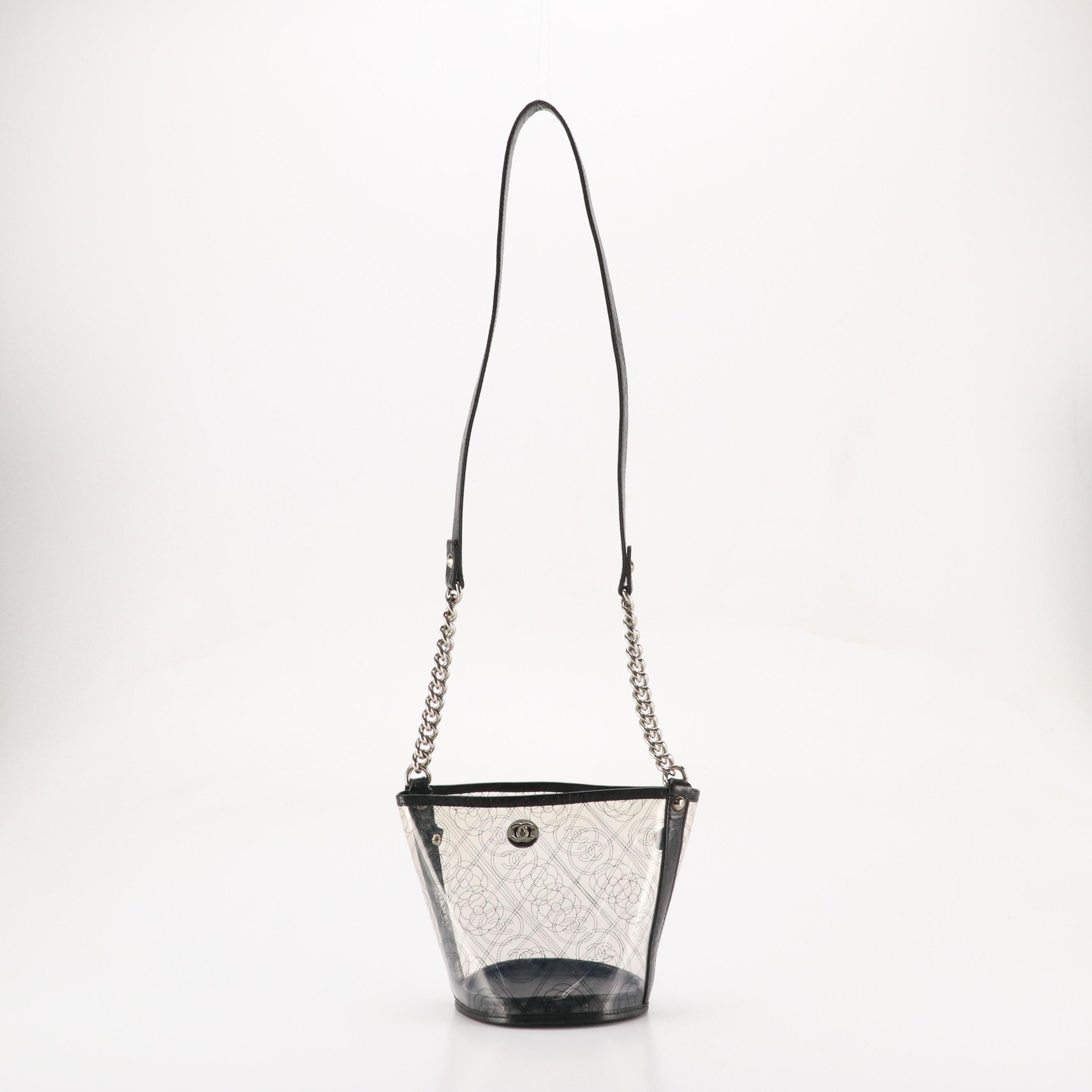 Chanel CC Camellia PVC and Black Leather Crossbody Bucket Bag with Zip Pouch