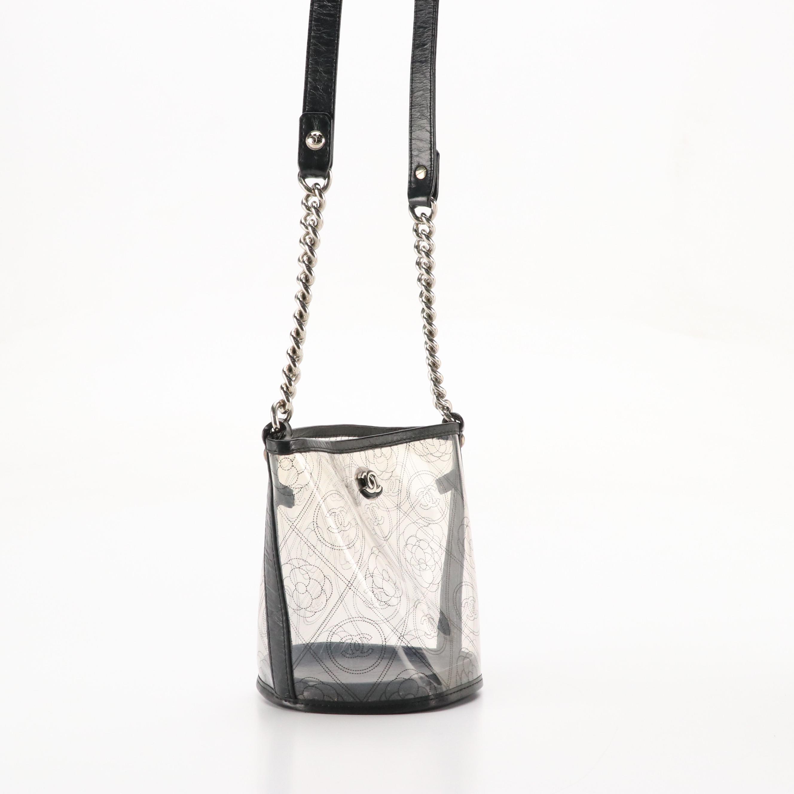 Chanel CC Camellia PVC and Black Leather Crossbody Bucket Bag with Zip Pouch