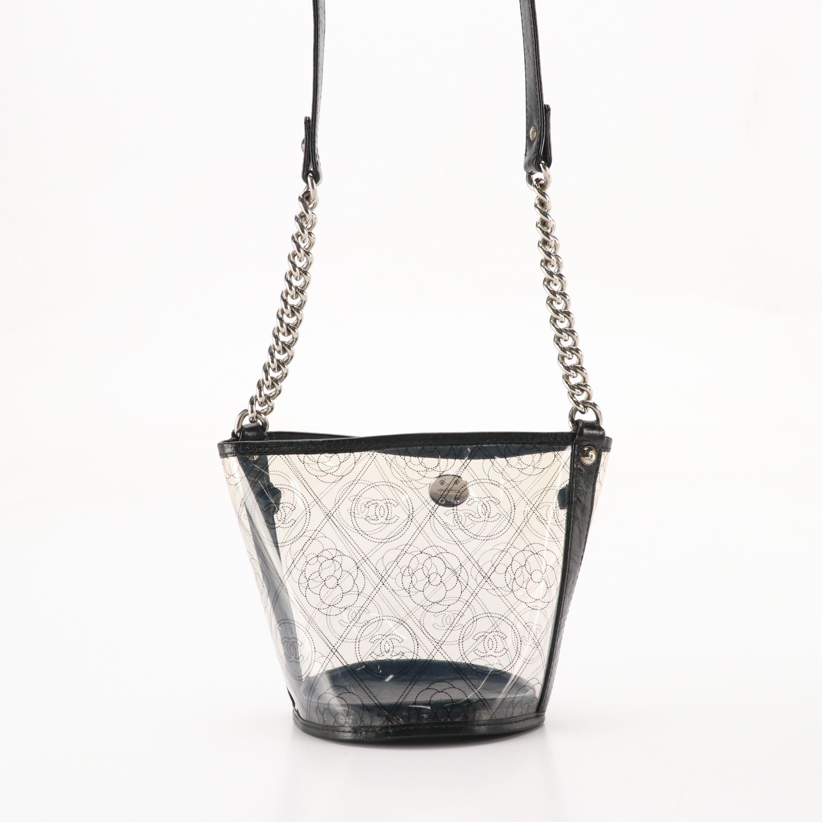 Chanel CC Camellia PVC and Black Leather Crossbody Bucket Bag with Zip Pouch