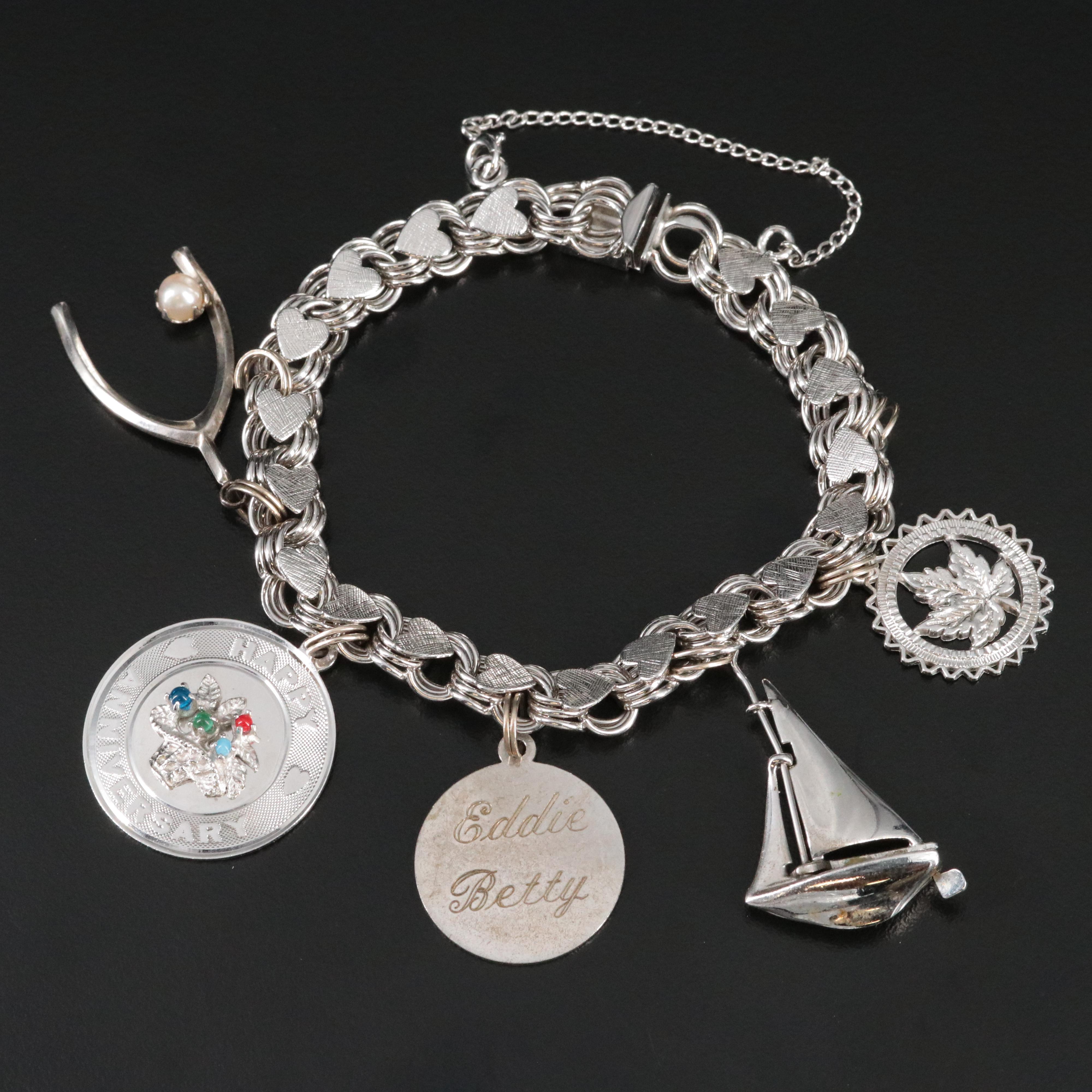 Vintage Sterling Charm Bracelet with Sterling, Pearl and Glass Charms