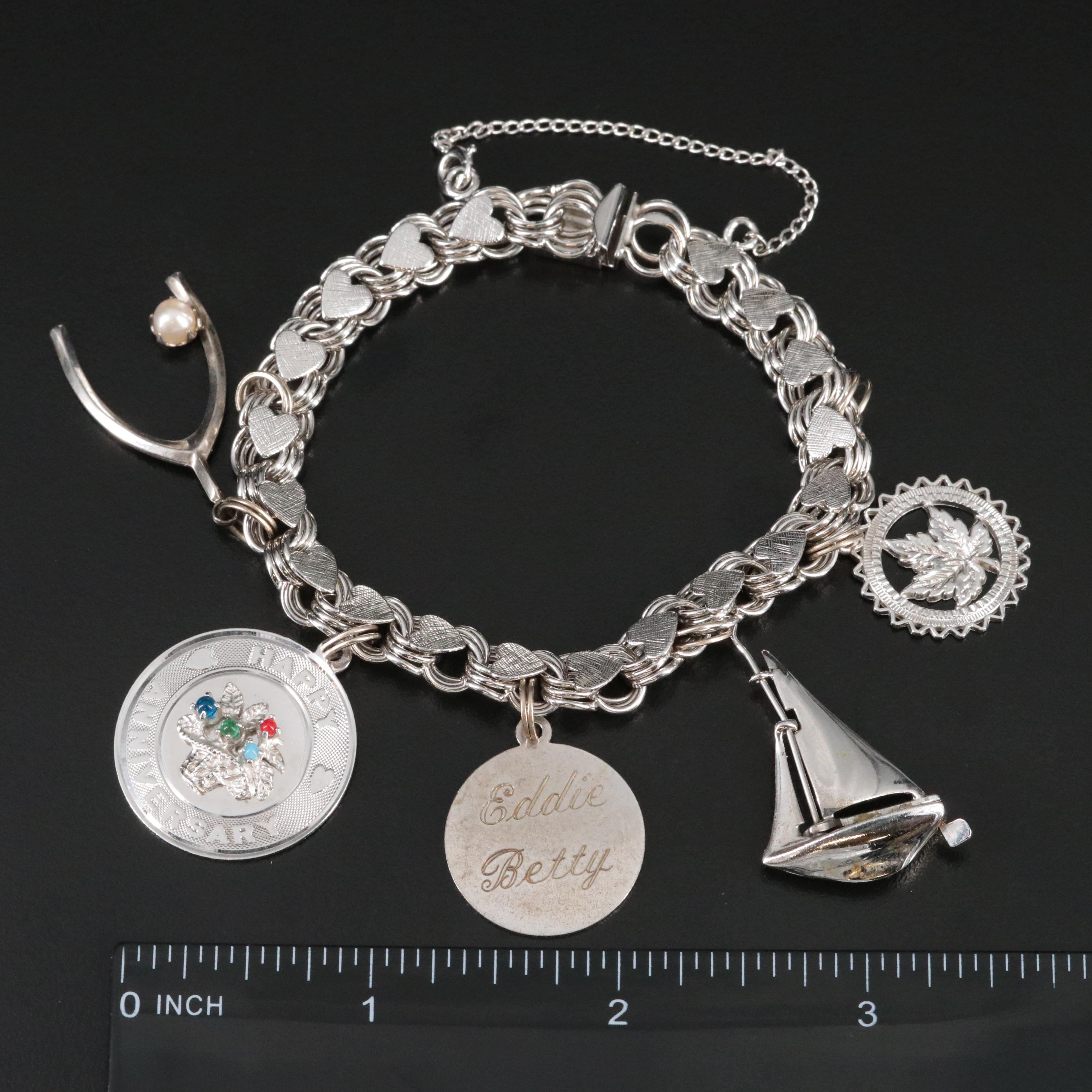 Vintage Sterling Charm Bracelet with Sterling, Pearl and Glass Charms