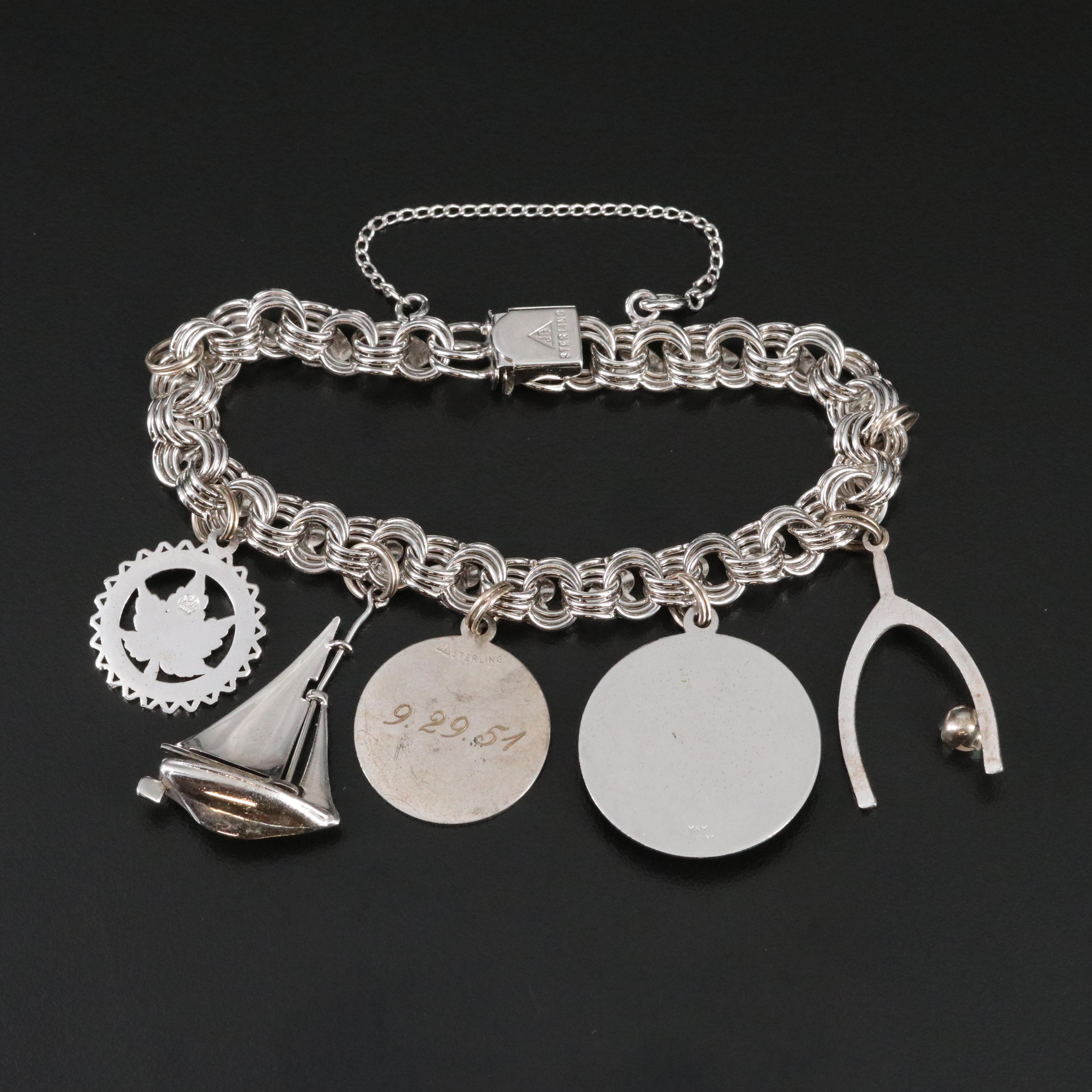 Vintage Sterling Charm Bracelet with Sterling, Pearl and Glass Charms