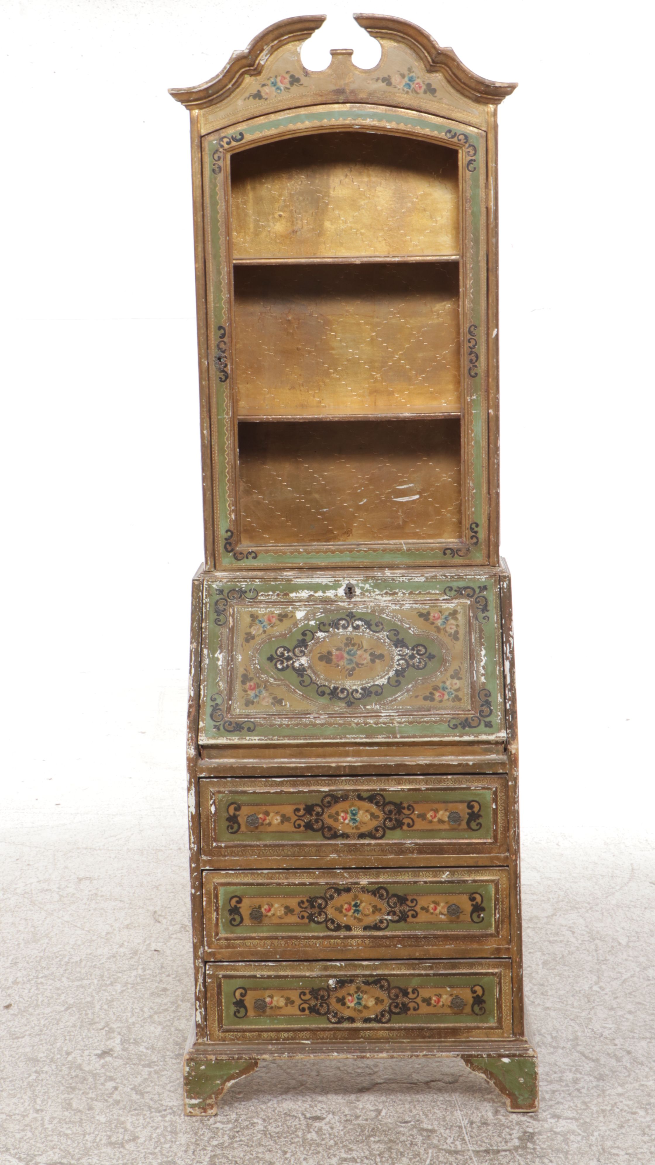 Florentine Style Parcel-Gilt and Paint-Decorated Wood Secretary Desk with Hutch