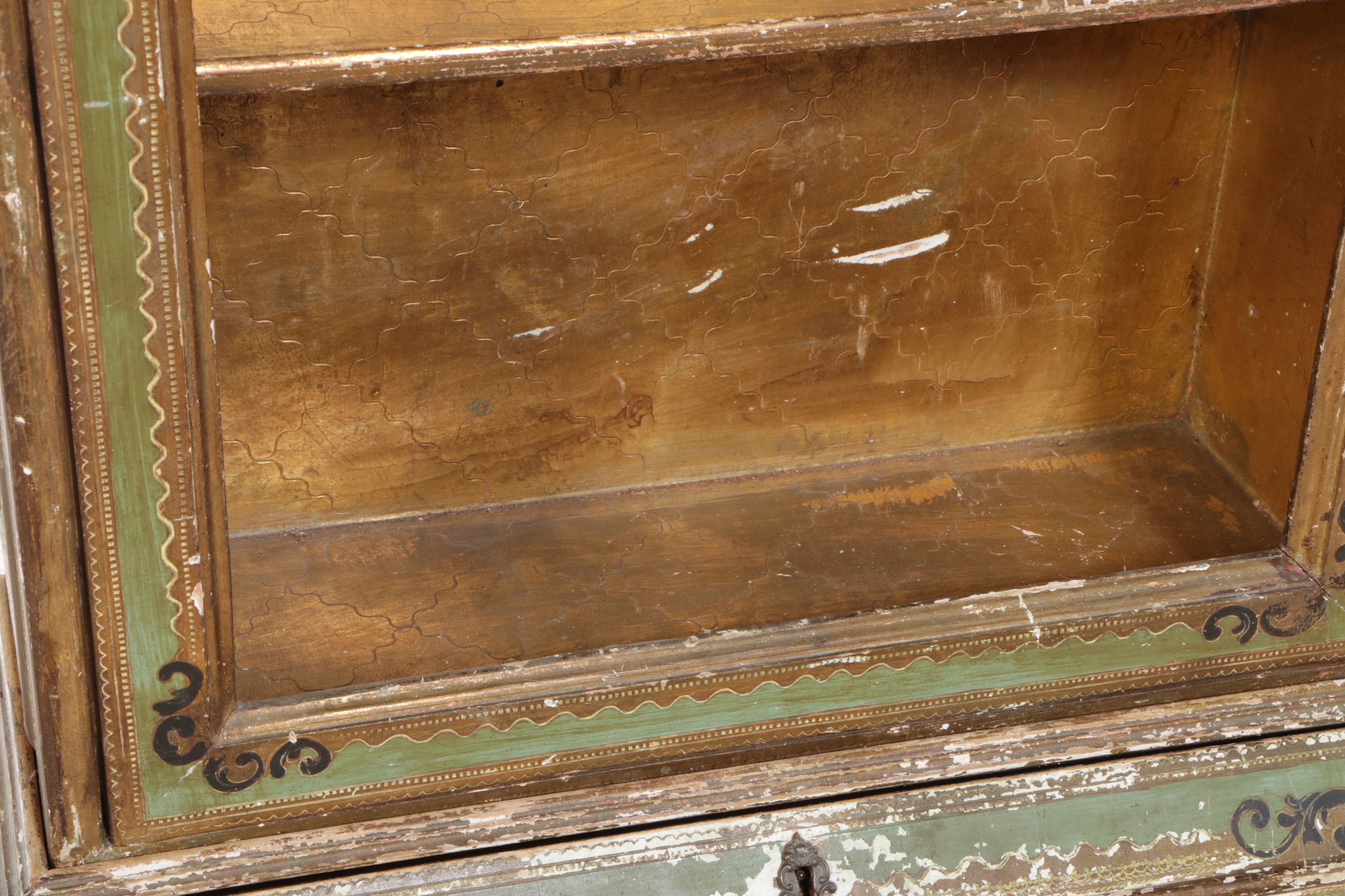 Florentine Style Parcel-Gilt and Paint-Decorated Wood Secretary Desk with Hutch