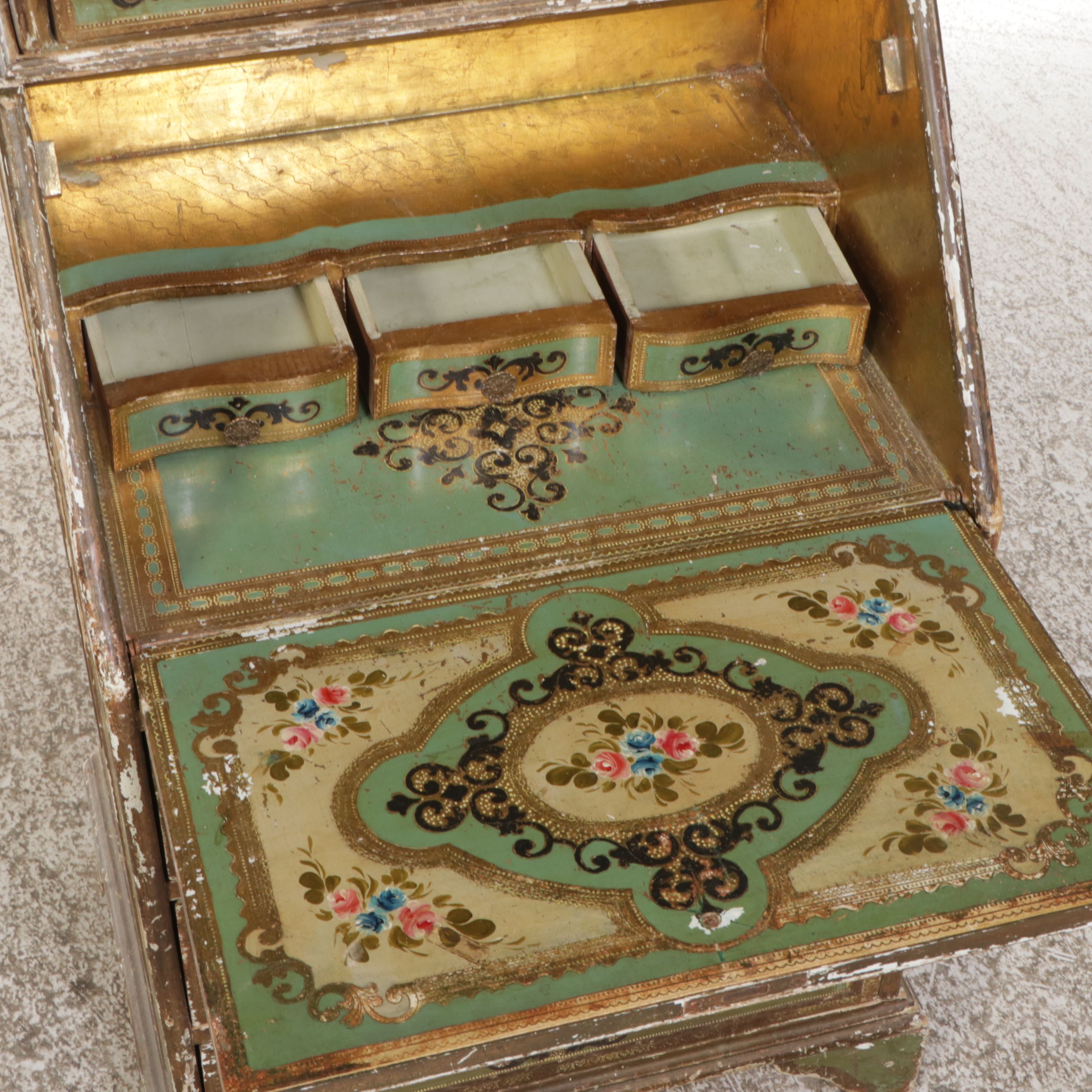 Florentine Style Parcel-Gilt and Paint-Decorated Wood Secretary Desk with Hutch